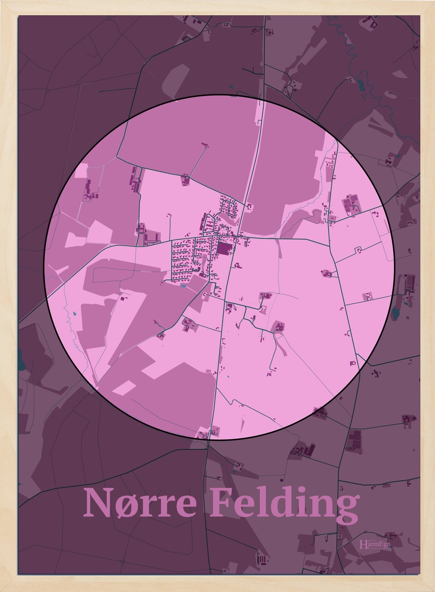 Nørre Felding plakat i farve pastel rød og HjemEgn.dk design centrum. Design bykort for Nørre Felding