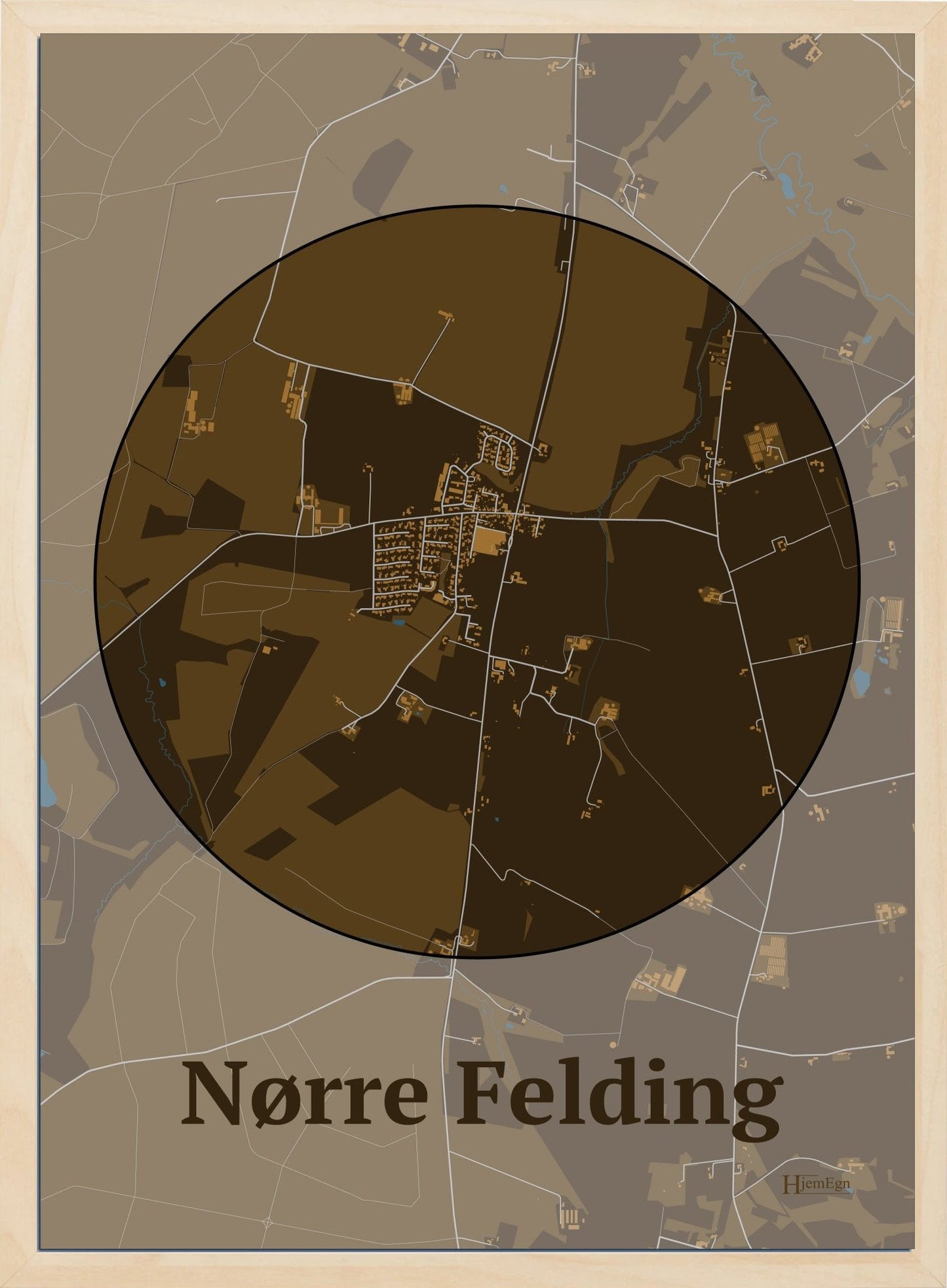 Nørre Felding plakat i farve mørk brun og HjemEgn.dk design centrum. Design bykort for Nørre Felding