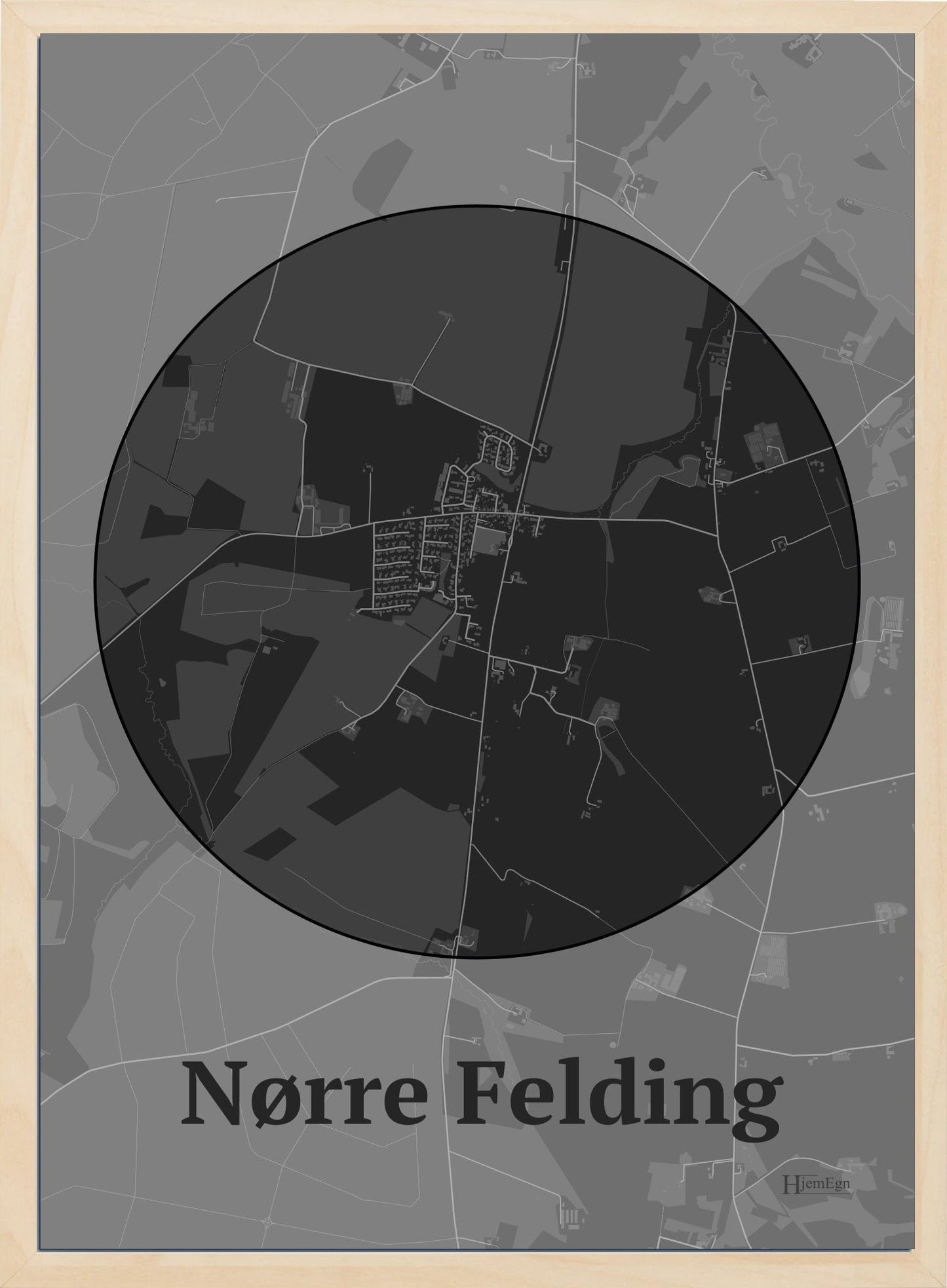 Nørre Felding plakat i farve mørk grå og HjemEgn.dk design centrum. Design bykort for Nørre Felding