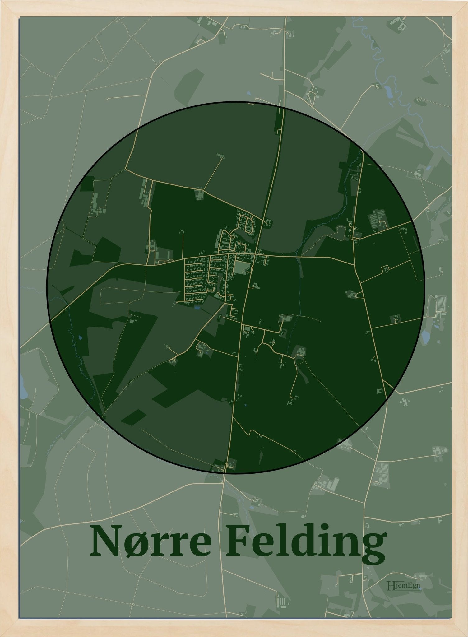 Nørre Felding plakat i farve mørk grøn og HjemEgn.dk design centrum. Design bykort for Nørre Felding