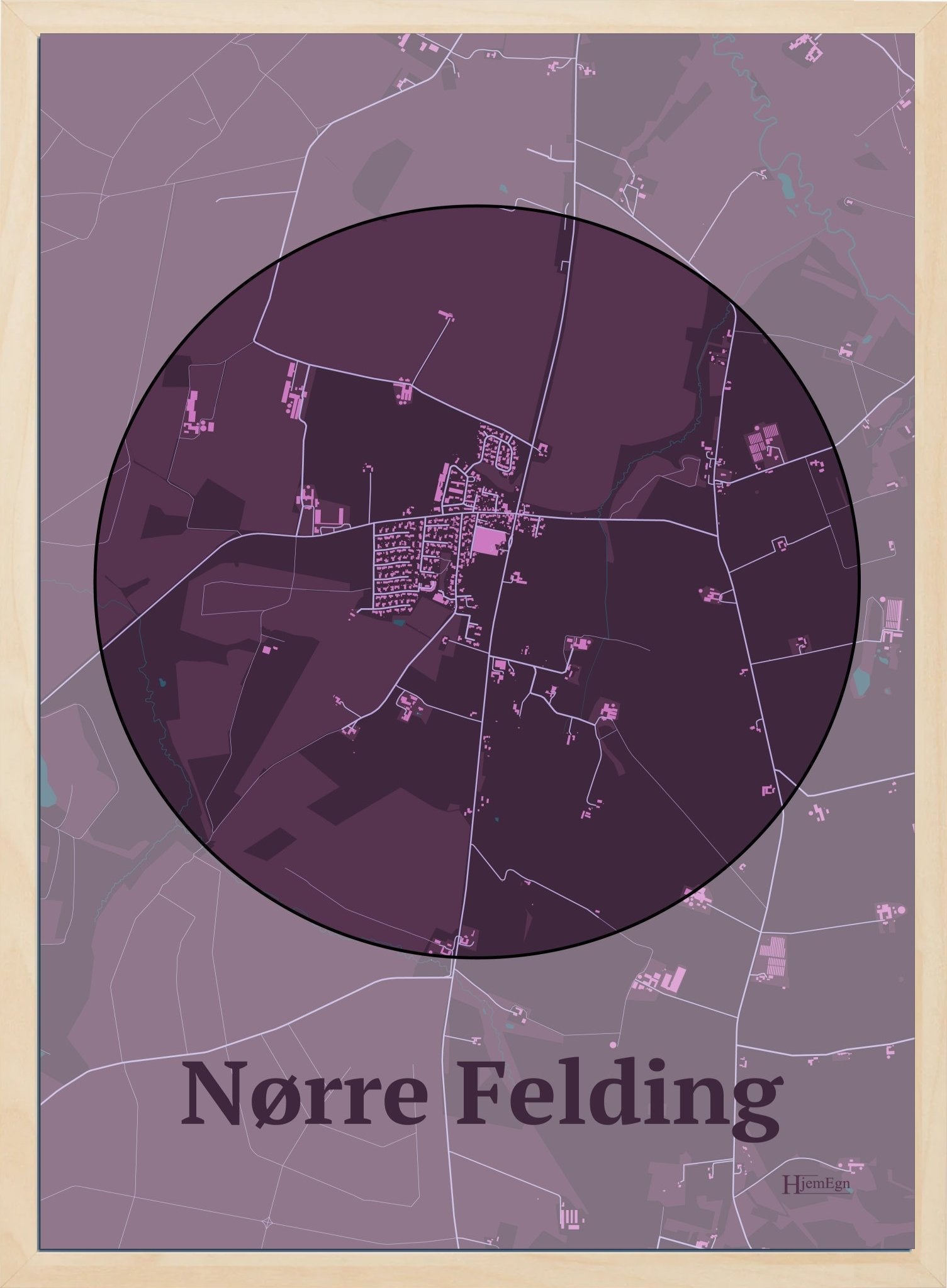 Nørre Felding plakat i farve mørk rød og HjemEgn.dk design centrum. Design bykort for Nørre Felding