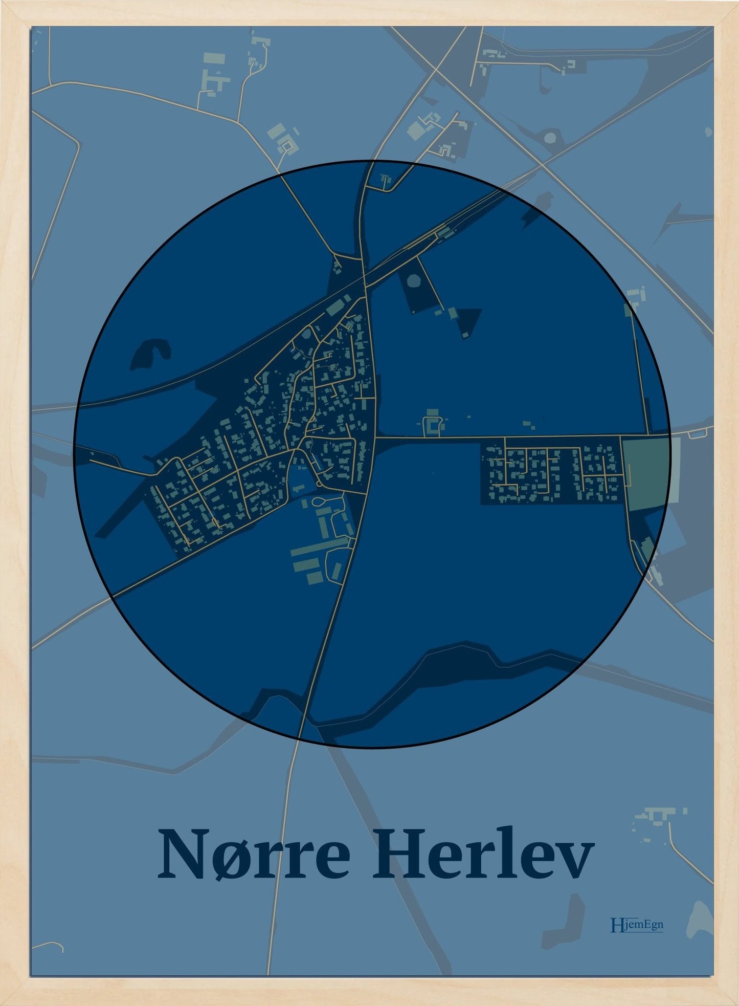 Nørre Herlev plakat i farve mørk blå og HjemEgn.dk design centrum. Design bykort for Nørre Herlev