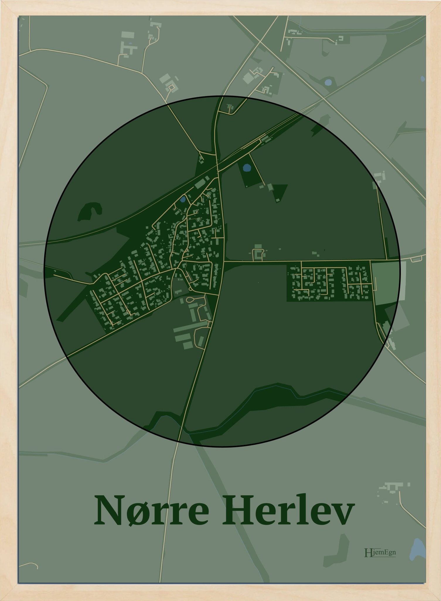 Nørre Herlev plakat i farve mørk grøn og HjemEgn.dk design centrum. Design bykort for Nørre Herlev