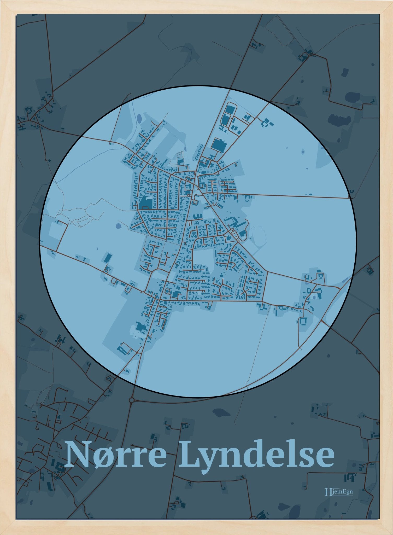 Nørre Lyndelse plakat i farve pastel blå og HjemEgn.dk design centrum. Design bykort for Nørre Lyndelse