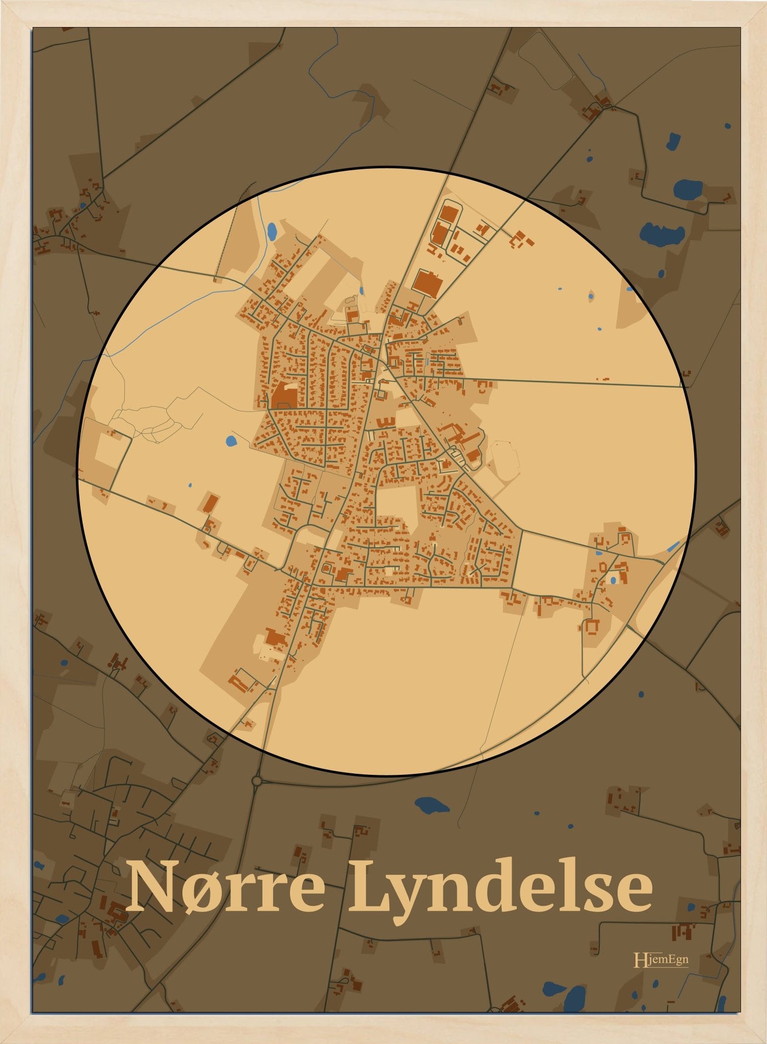 Nørre Lyndelse plakat i farve pastel brun og HjemEgn.dk design centrum. Design bykort for Nørre Lyndelse