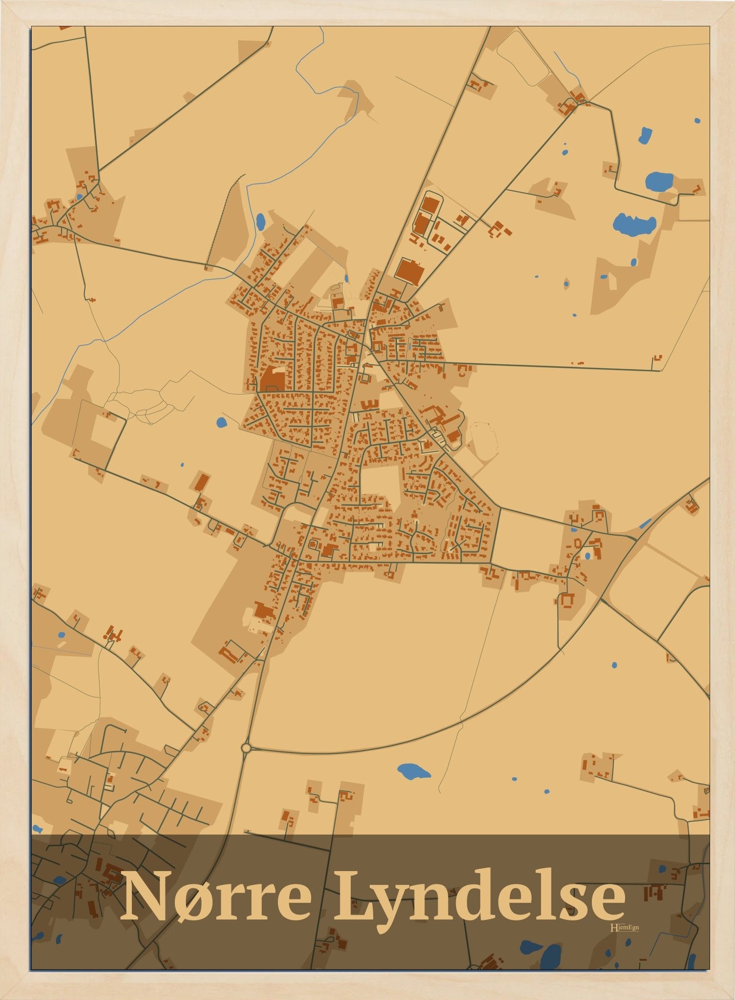 Nørre Lyndelse plakat i farve pastel brun og HjemEgn.dk design firkantet. Design bykort for Nørre Lyndelse
