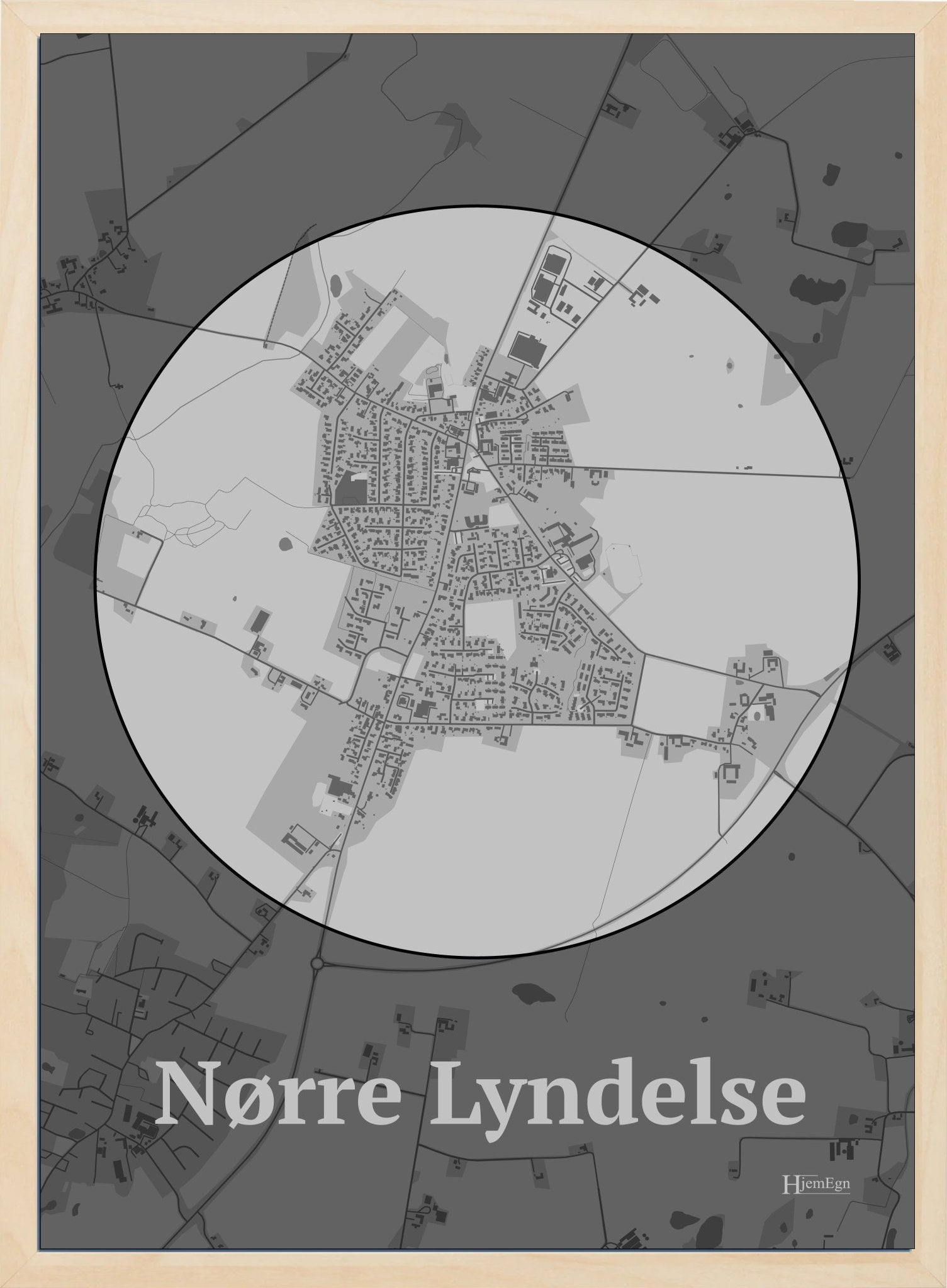Nørre Lyndelse plakat i farve pastel grå og HjemEgn.dk design centrum. Design bykort for Nørre Lyndelse