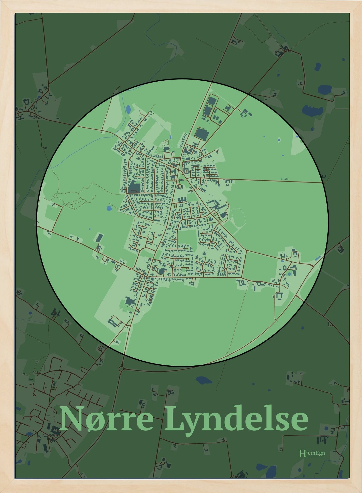 Nørre Lyndelse plakat i farve pastel grøn og HjemEgn.dk design centrum. Design bykort for Nørre Lyndelse