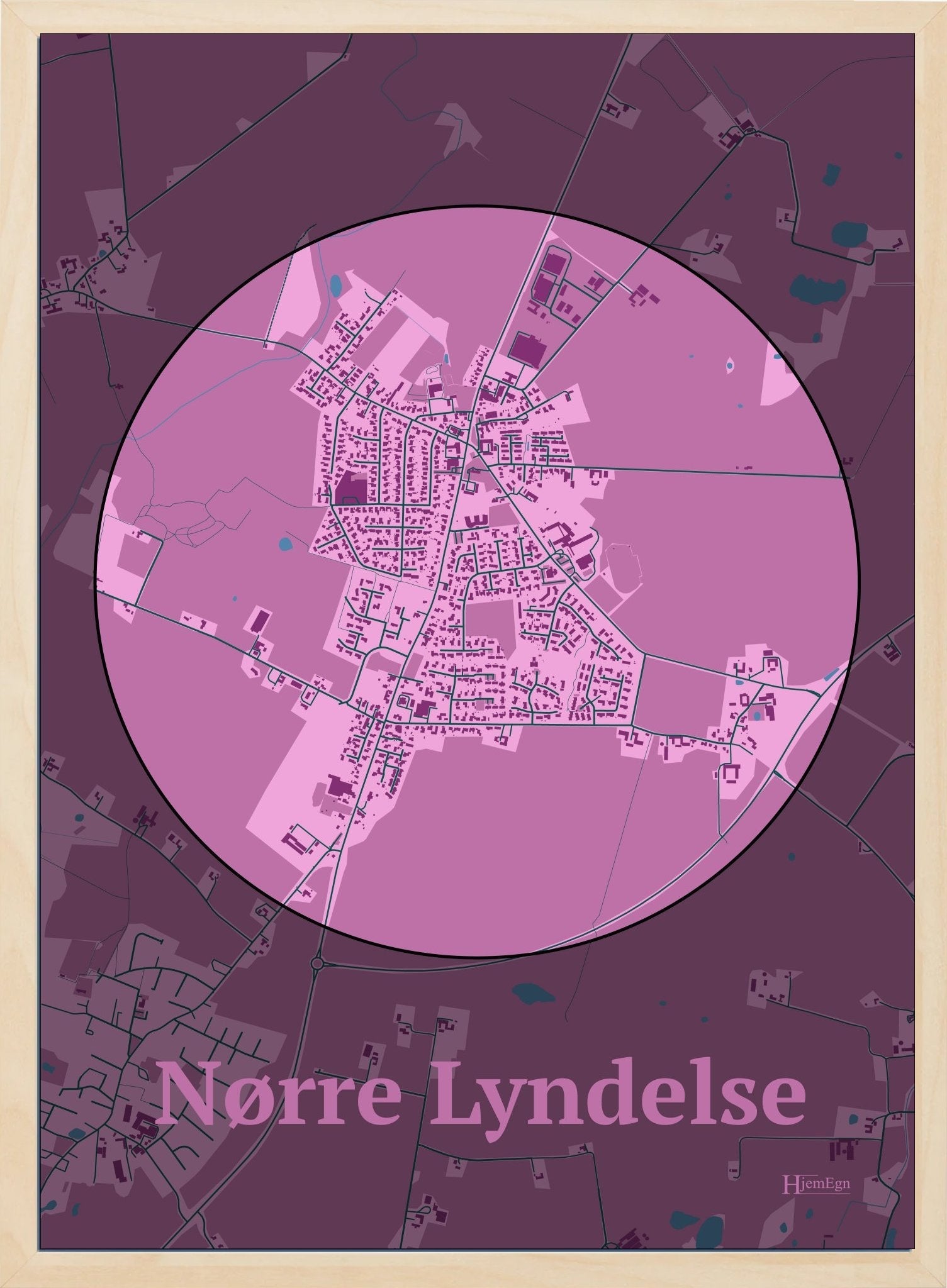 Nørre Lyndelse plakat i farve pastel rød og HjemEgn.dk design centrum. Design bykort for Nørre Lyndelse
