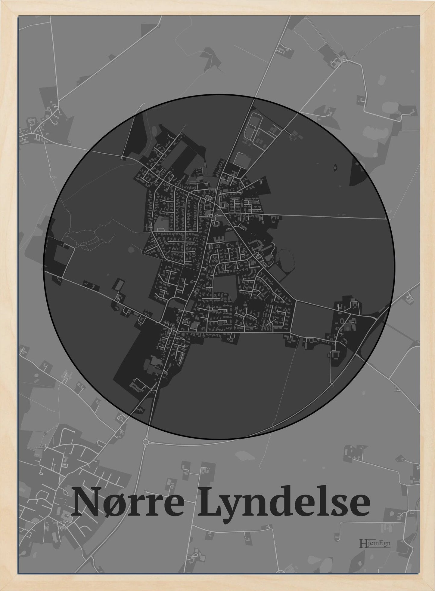 Nørre Lyndelse plakat i farve mørk grå og HjemEgn.dk design centrum. Design bykort for Nørre Lyndelse