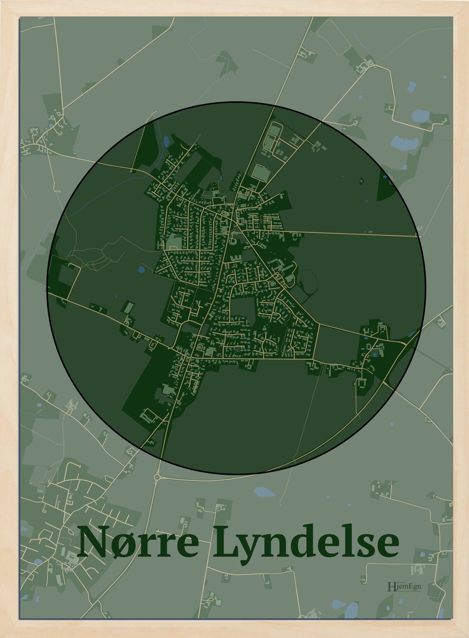 Nørre Lyndelse plakat i farve mørk grøn og HjemEgn.dk design centrum. Design bykort for Nørre Lyndelse