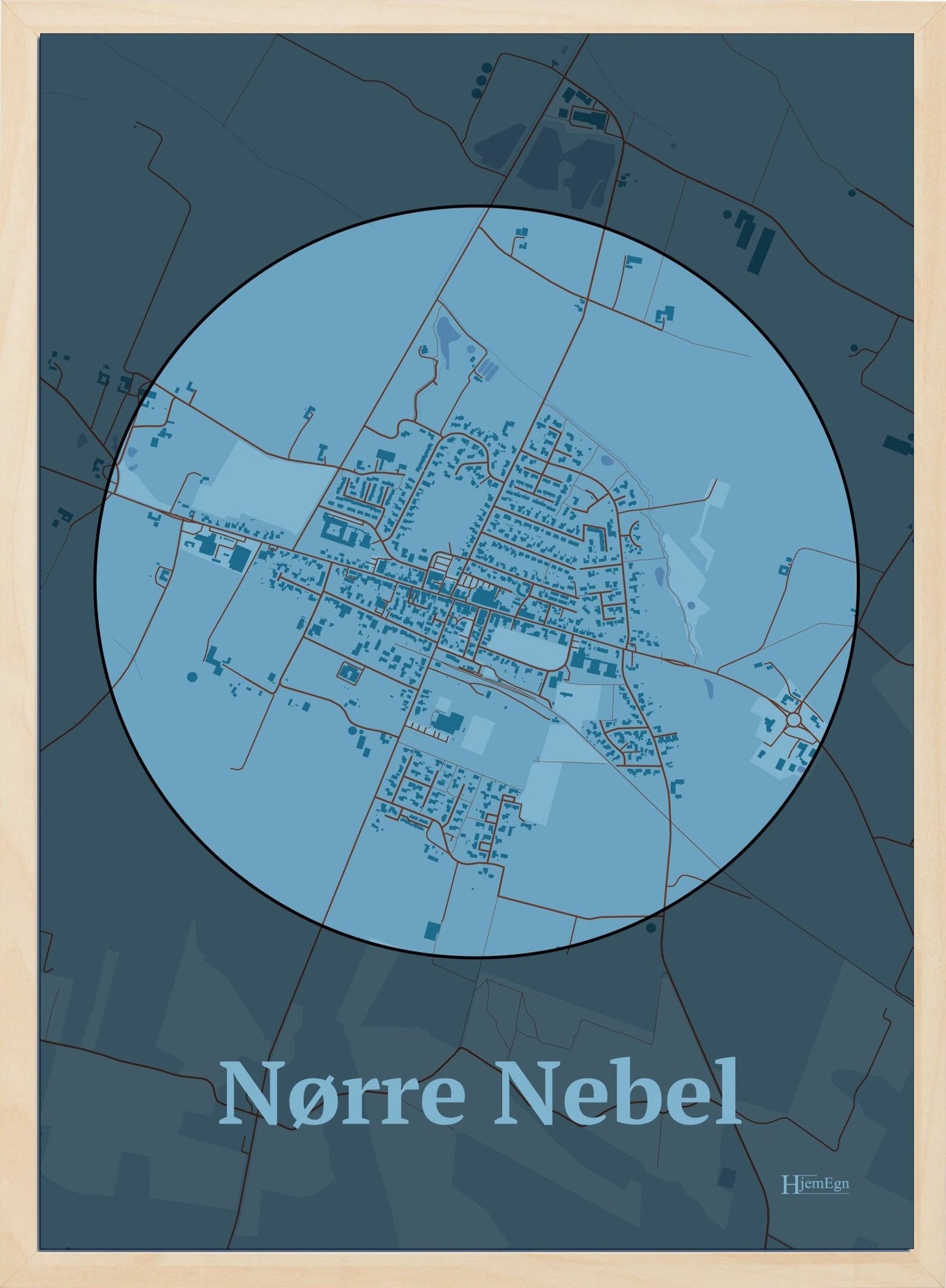 Nørre Nebel plakat i farve pastel blå og HjemEgn.dk design centrum. Design bykort for Nørre Nebel
