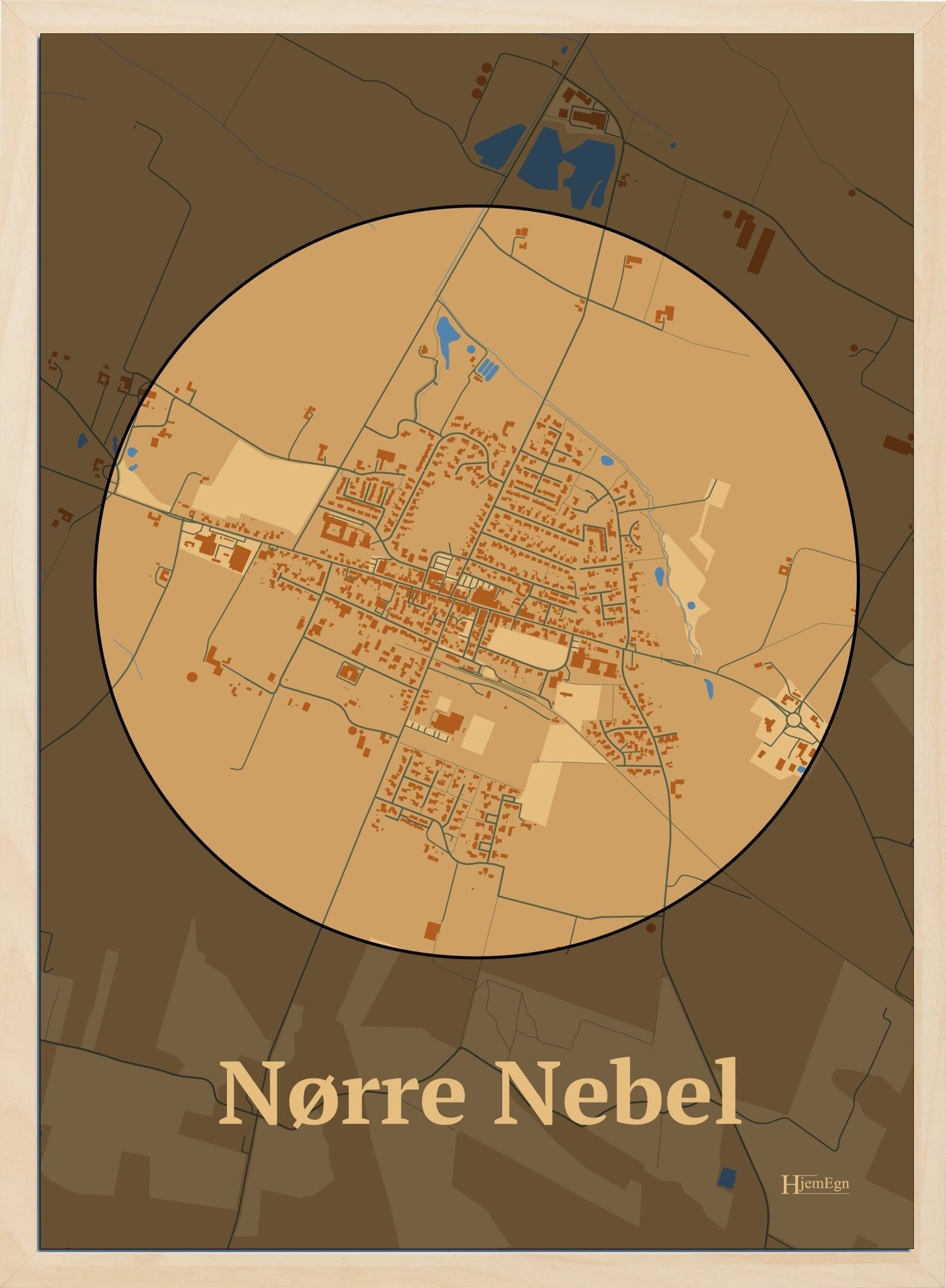 Nørre Nebel plakat i farve pastel brun og HjemEgn.dk design centrum. Design bykort for Nørre Nebel