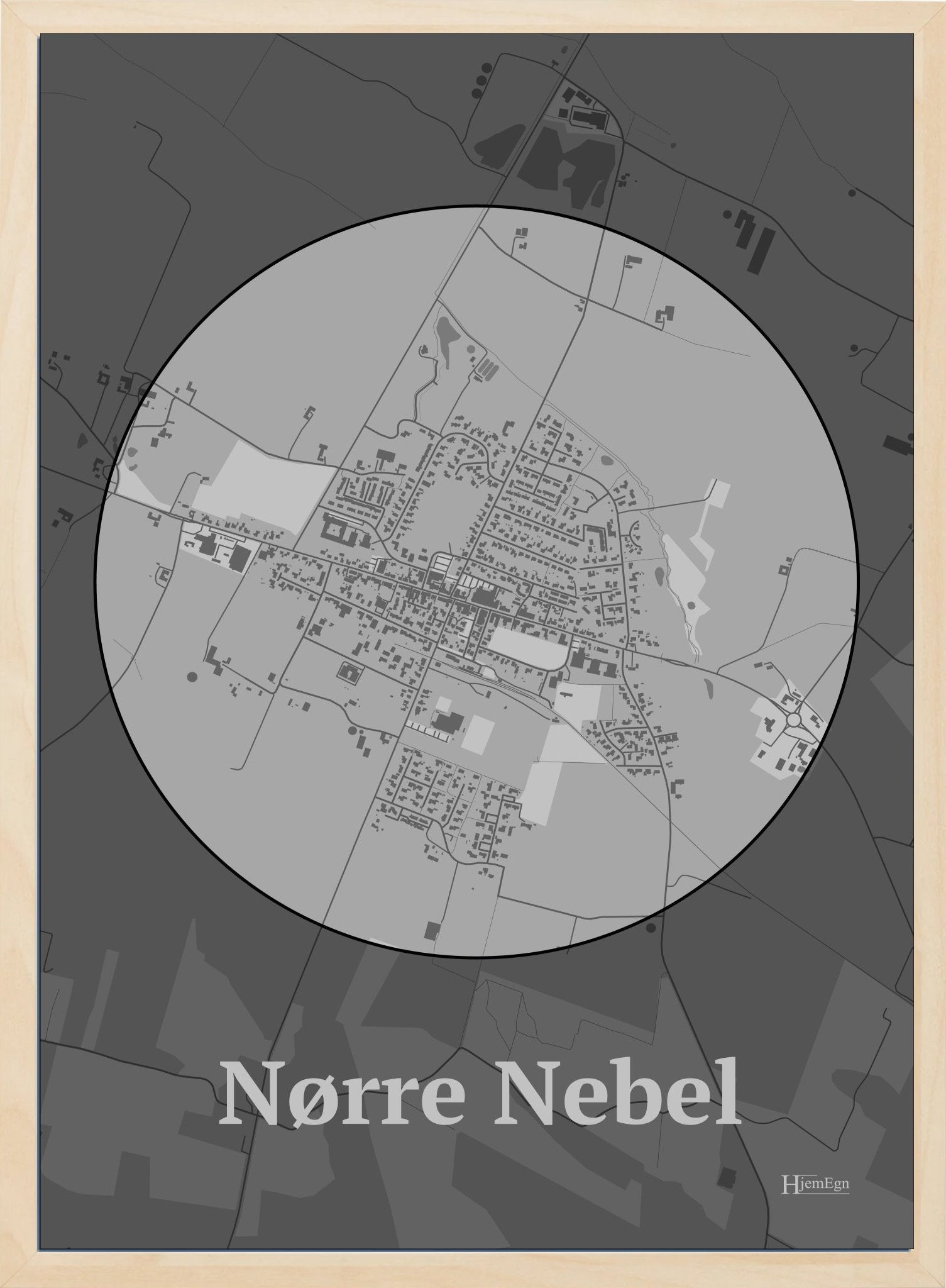 Nørre Nebel plakat i farve pastel grå og HjemEgn.dk design centrum. Design bykort for Nørre Nebel