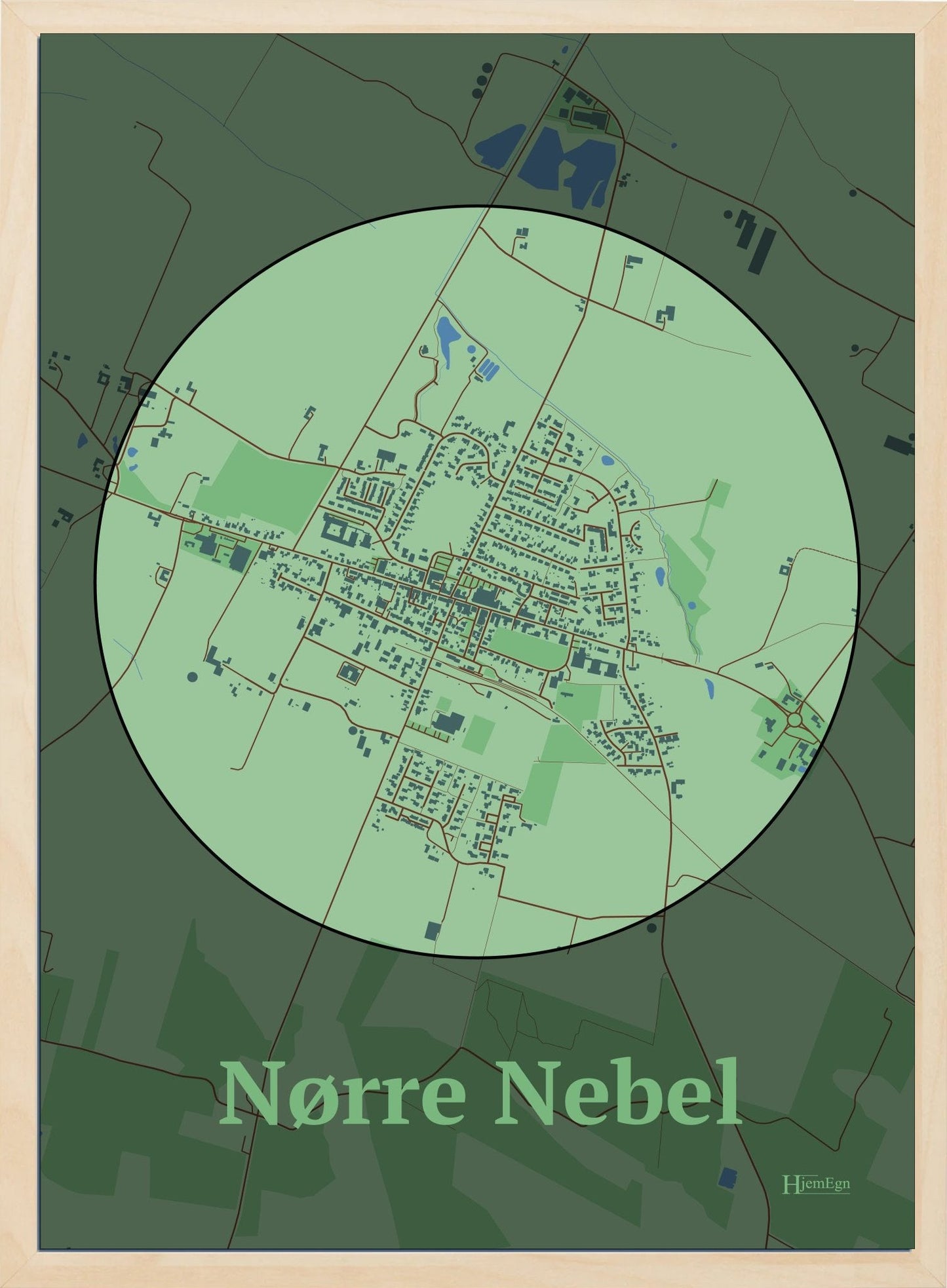 Nørre Nebel plakat i farve pastel grøn og HjemEgn.dk design centrum. Design bykort for Nørre Nebel