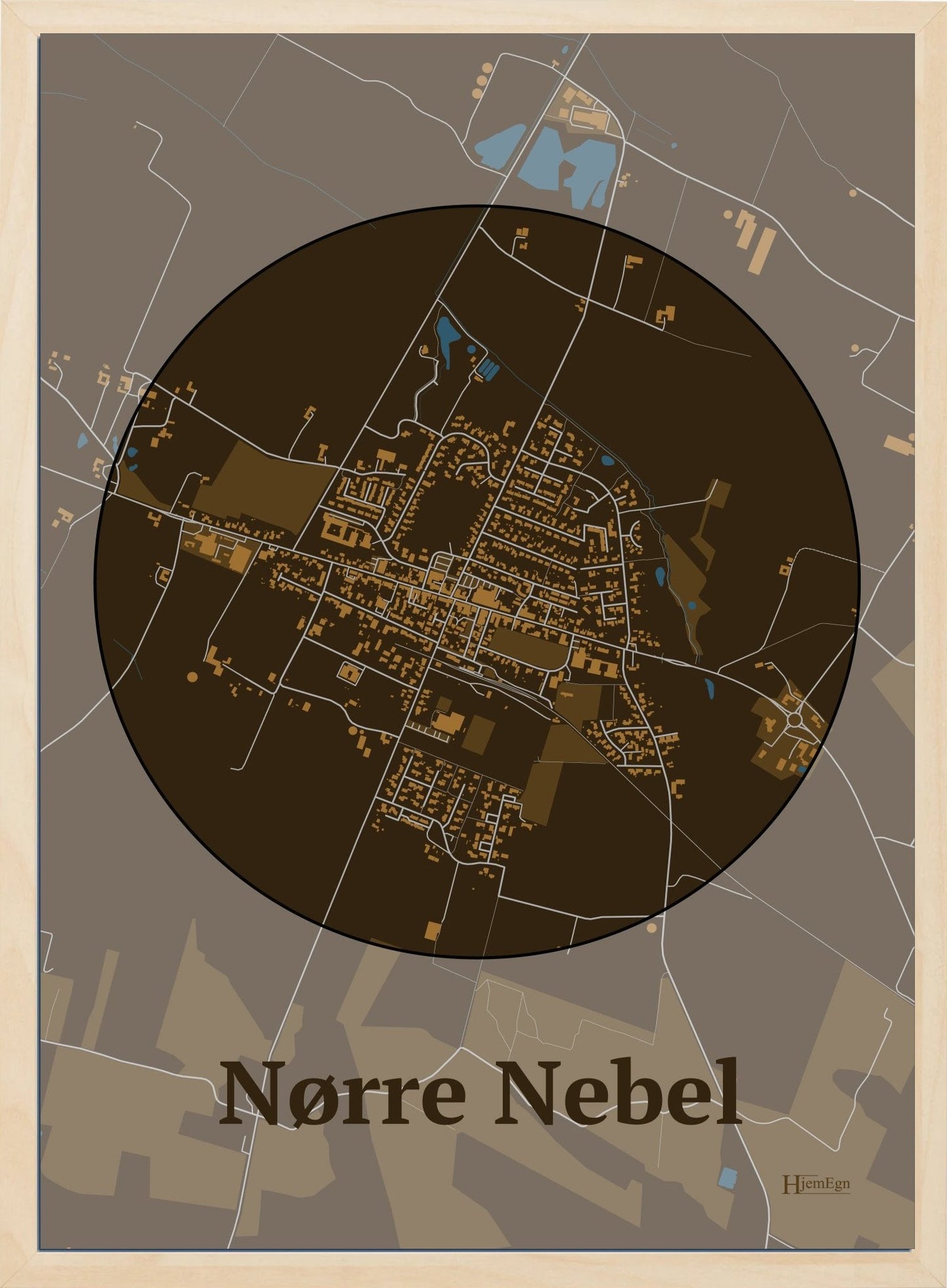 Nørre Nebel plakat i farve mørk brun og HjemEgn.dk design centrum. Design bykort for Nørre Nebel