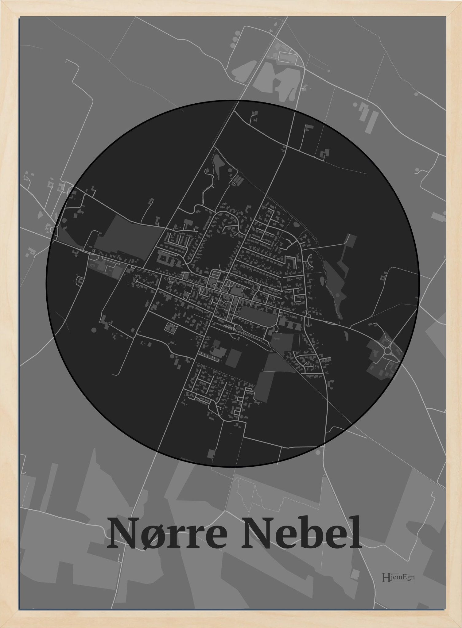 Nørre Nebel plakat i farve mørk grå og HjemEgn.dk design centrum. Design bykort for Nørre Nebel