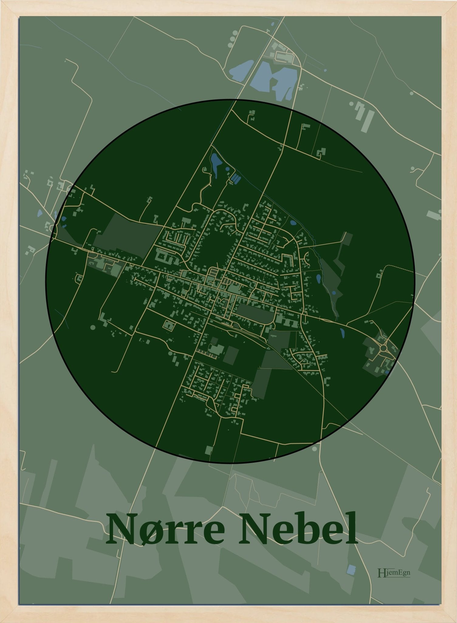 Nørre Nebel plakat i farve mørk grøn og HjemEgn.dk design centrum. Design bykort for Nørre Nebel