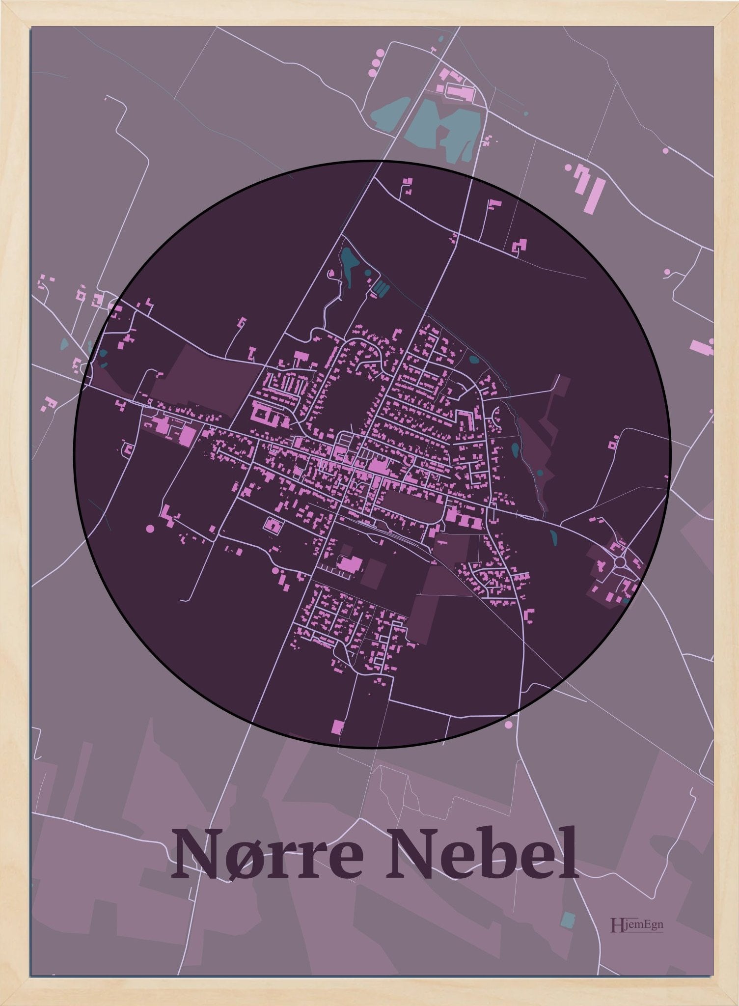 Nørre Nebel plakat i farve mørk rød og HjemEgn.dk design centrum. Design bykort for Nørre Nebel