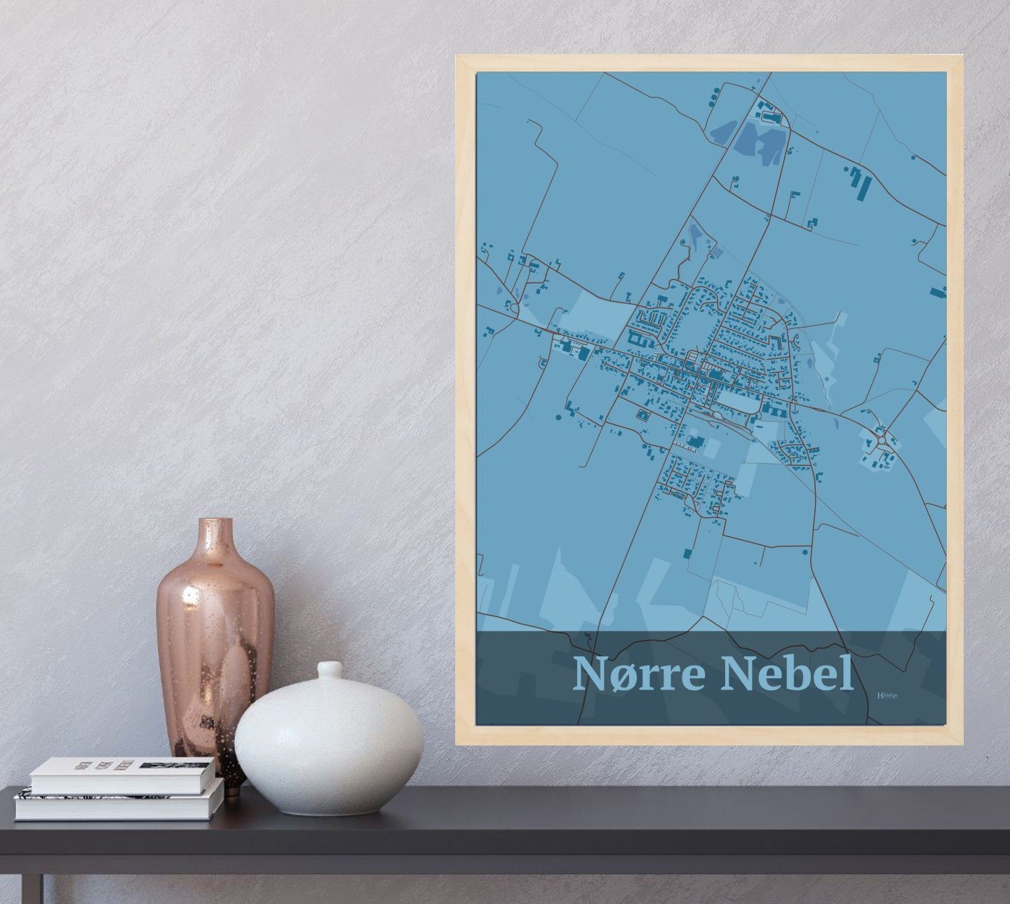 Nørre Nebel plakat i farve  og HjemEgn.dk design firkantet. Design bykort for Nørre Nebel