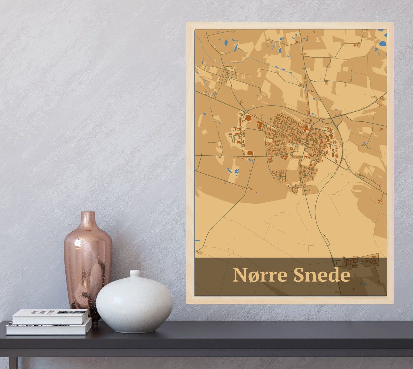 Nørre Snede plakat i farve  og HjemEgn.dk design firkantet. Design bykort for Nørre Snede
