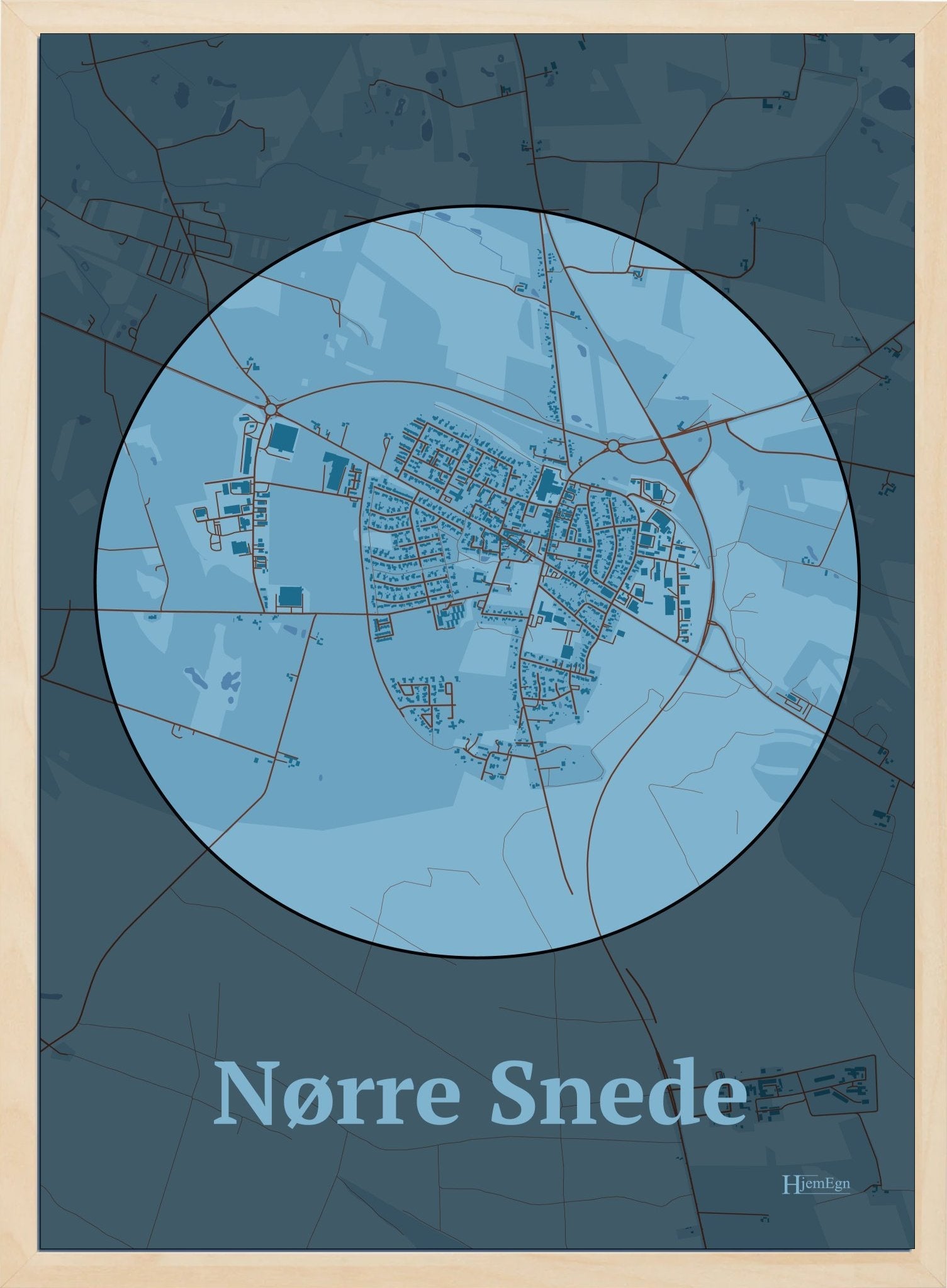 Nørre Snede plakat i farve pastel blå og HjemEgn.dk design centrum. Design bykort for Nørre Snede