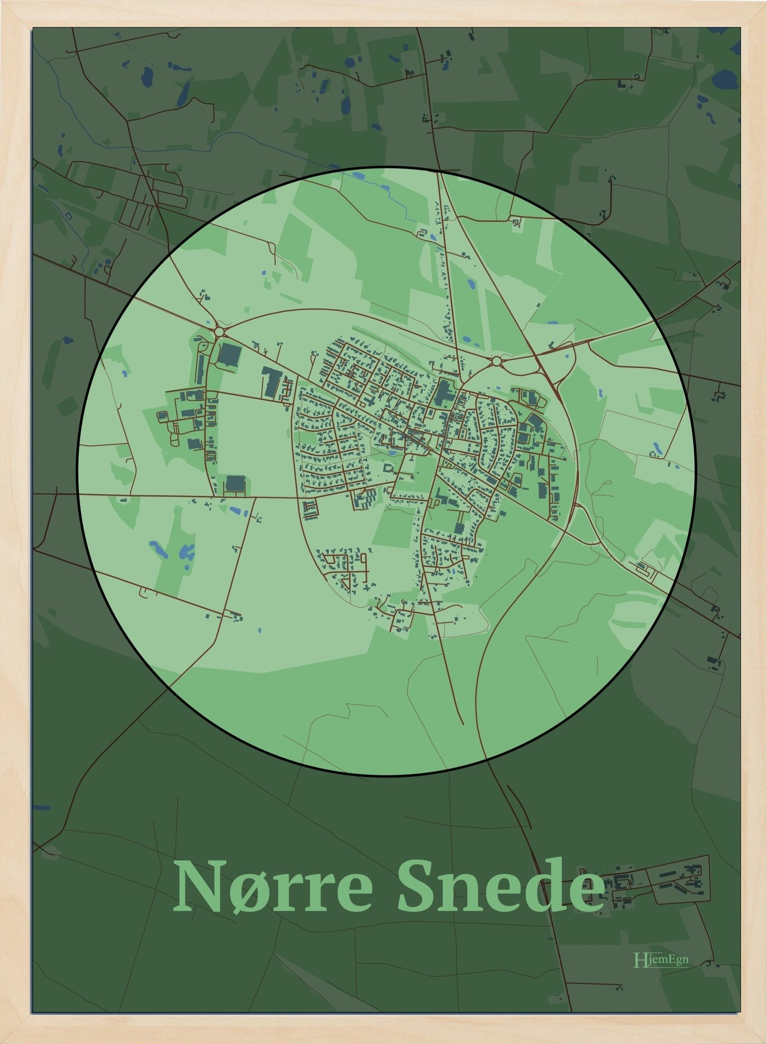 Nørre Snede plakat i farve pastel grøn og HjemEgn.dk design centrum. Design bykort for Nørre Snede