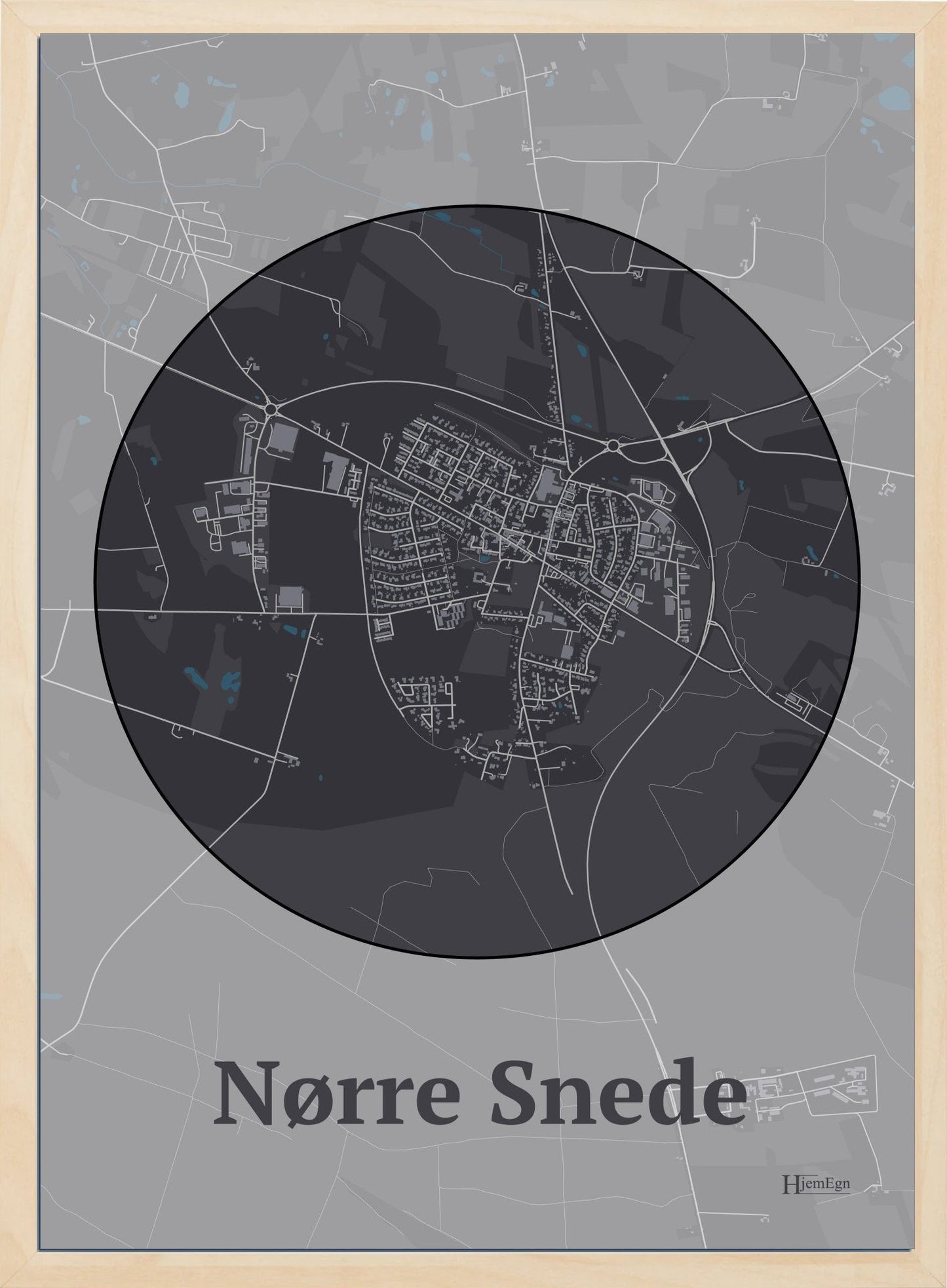 Nørre Snede plakat i farve mørk brun og HjemEgn.dk design centrum. Design bykort for Nørre Snede