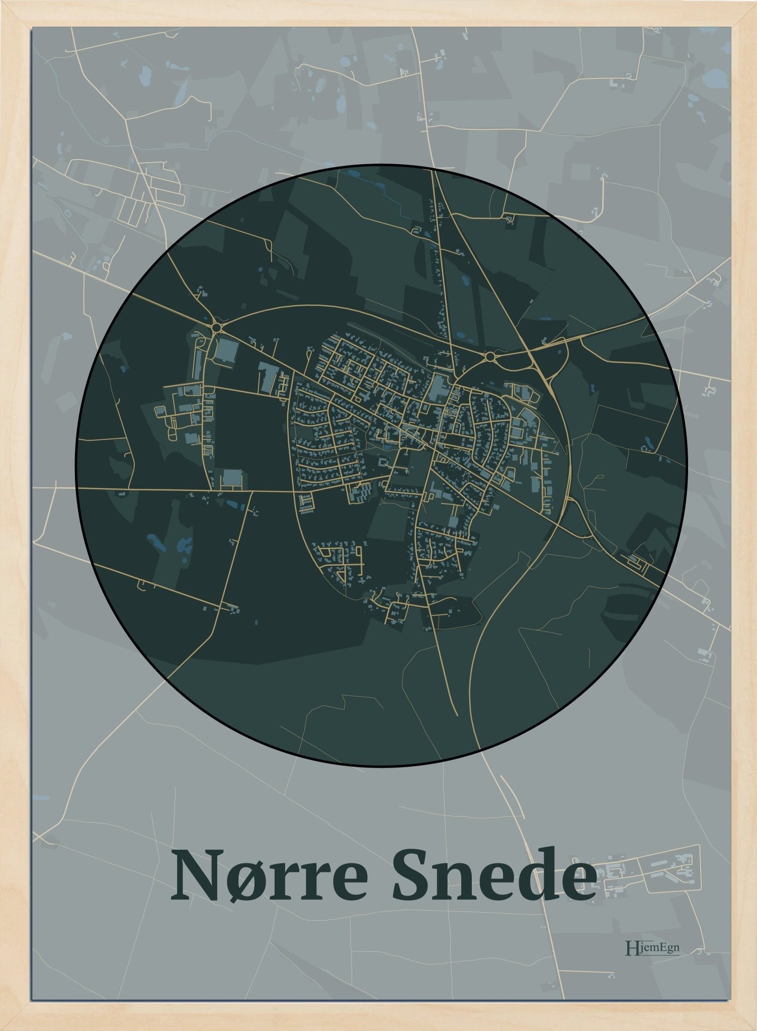 Nørre Snede plakat i farve mørk grøn og HjemEgn.dk design centrum. Design bykort for Nørre Snede
