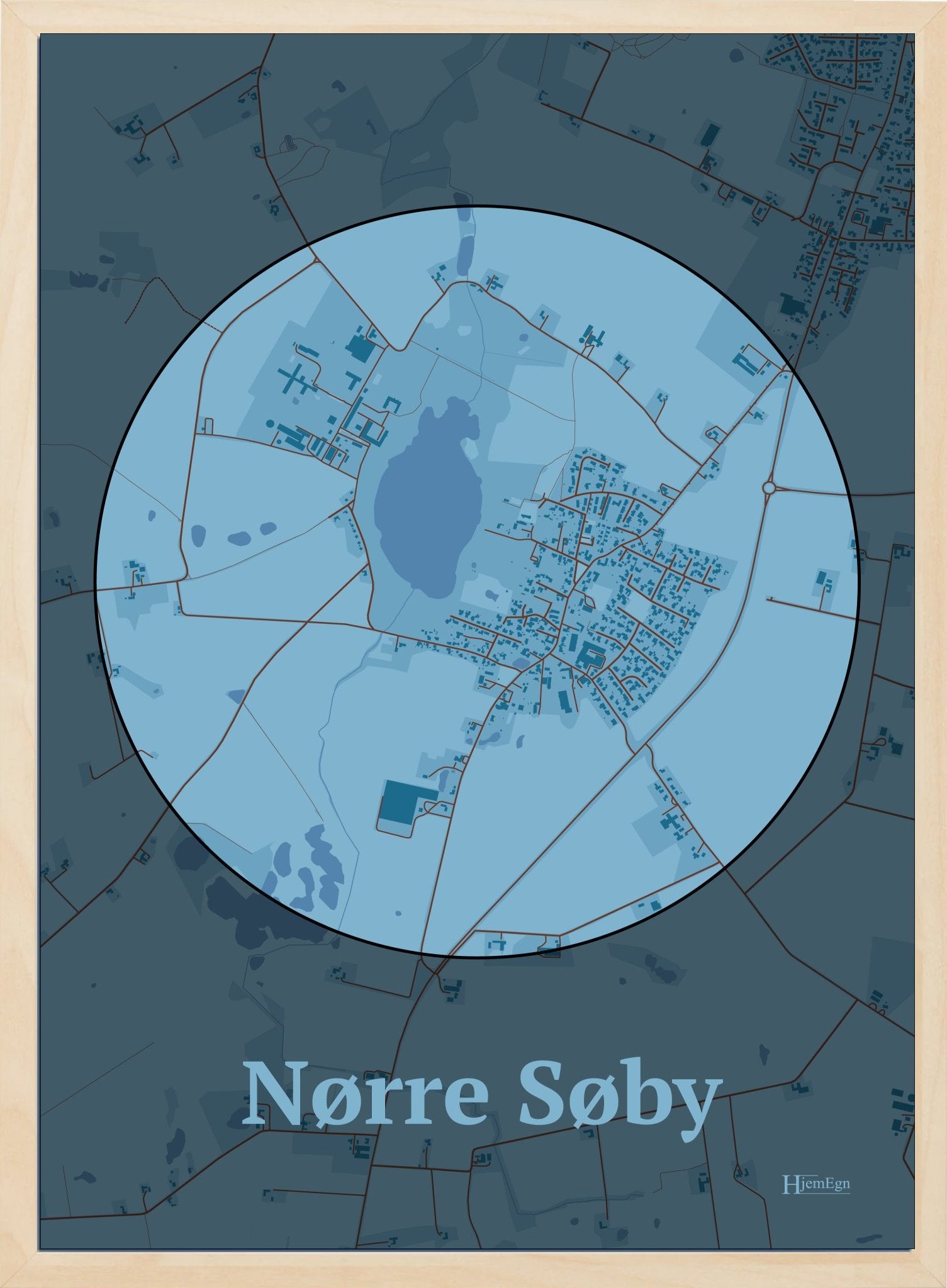Nørre Søby plakat i farve pastel blå og HjemEgn.dk design centrum. Design bykort for Nørre Søby