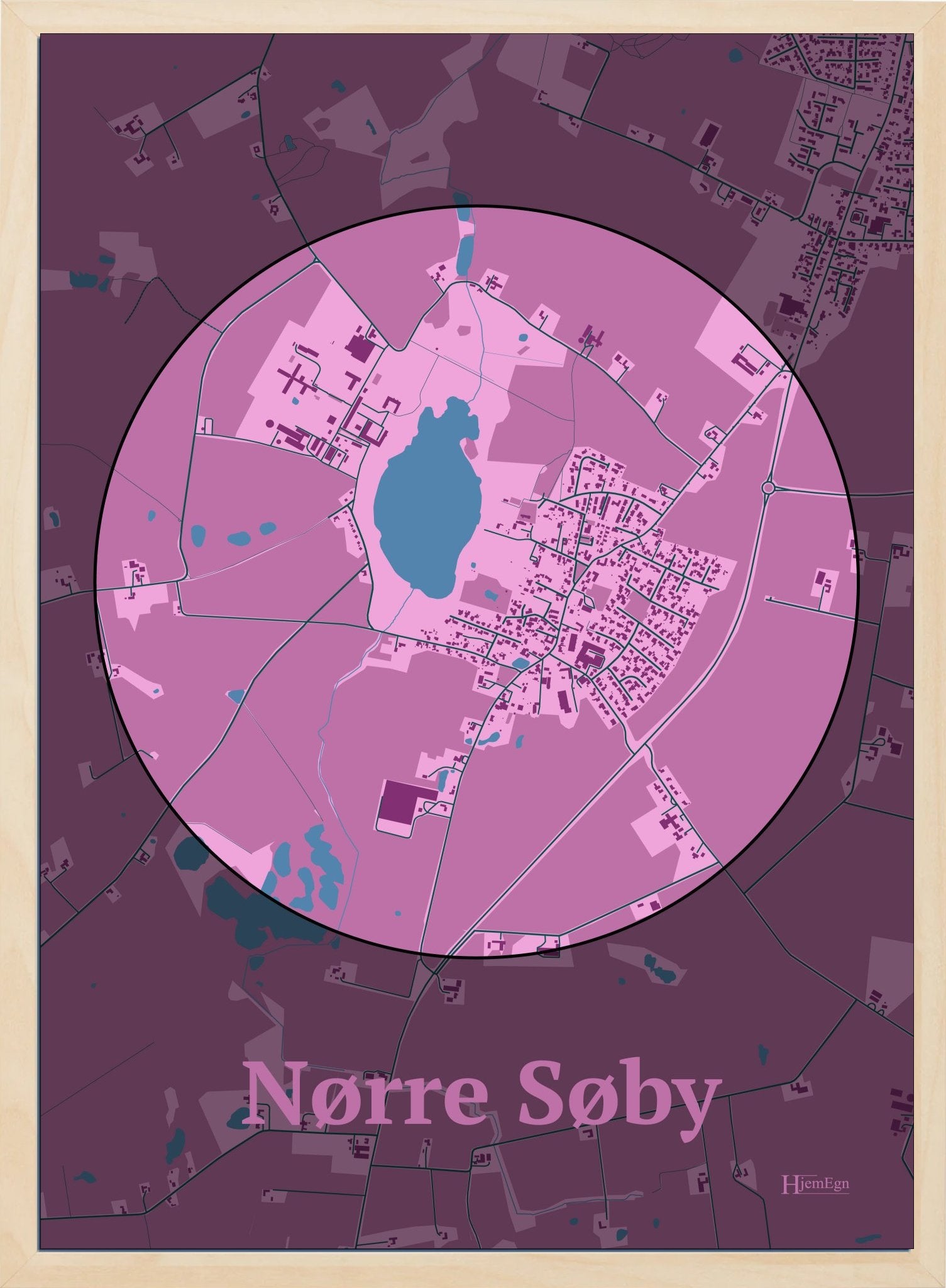 Nørre Søby plakat i farve pastel rød og HjemEgn.dk design centrum. Design bykort for Nørre Søby