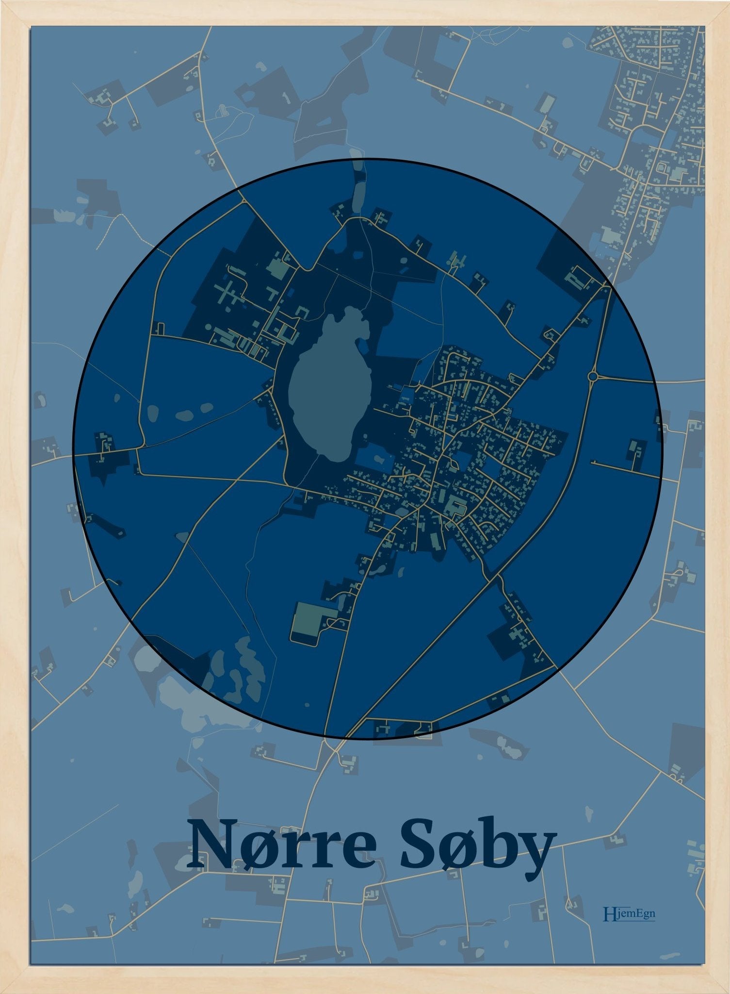 Nørre Søby plakat i farve mørk blå og HjemEgn.dk design centrum. Design bykort for Nørre Søby