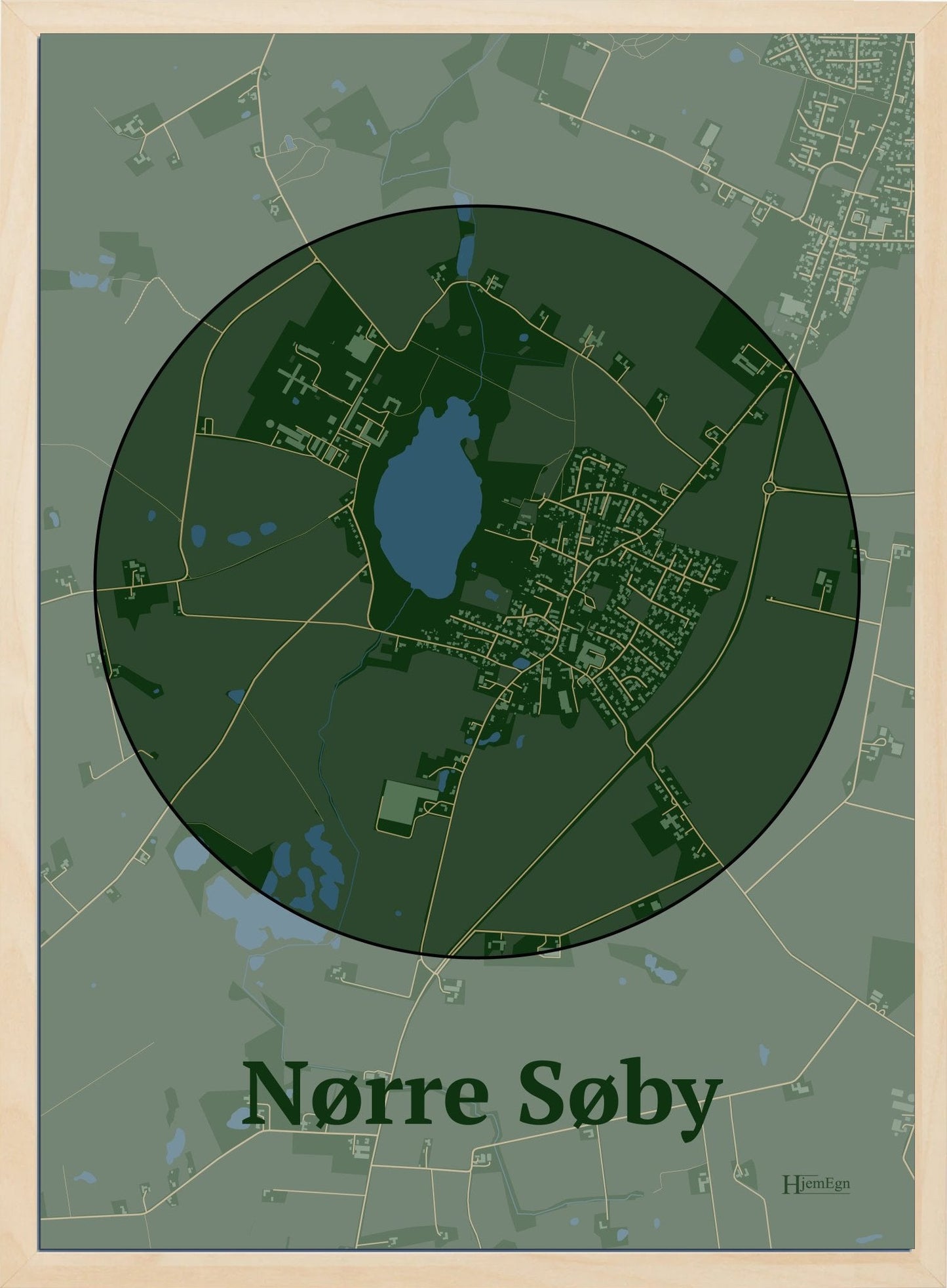 Nørre Søby plakat i farve mørk grøn og HjemEgn.dk design centrum. Design bykort for Nørre Søby