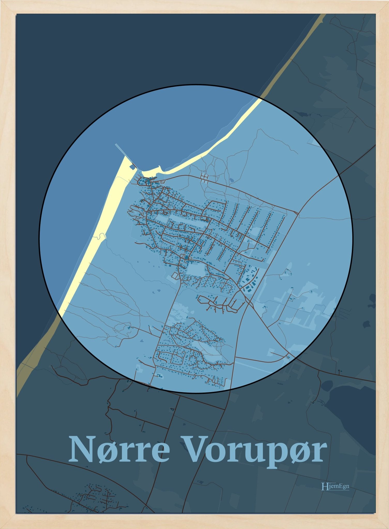 Nørre Vorupør plakat i farve pastel blå og HjemEgn.dk design centrum. Design bykort for Nørre Vorupør