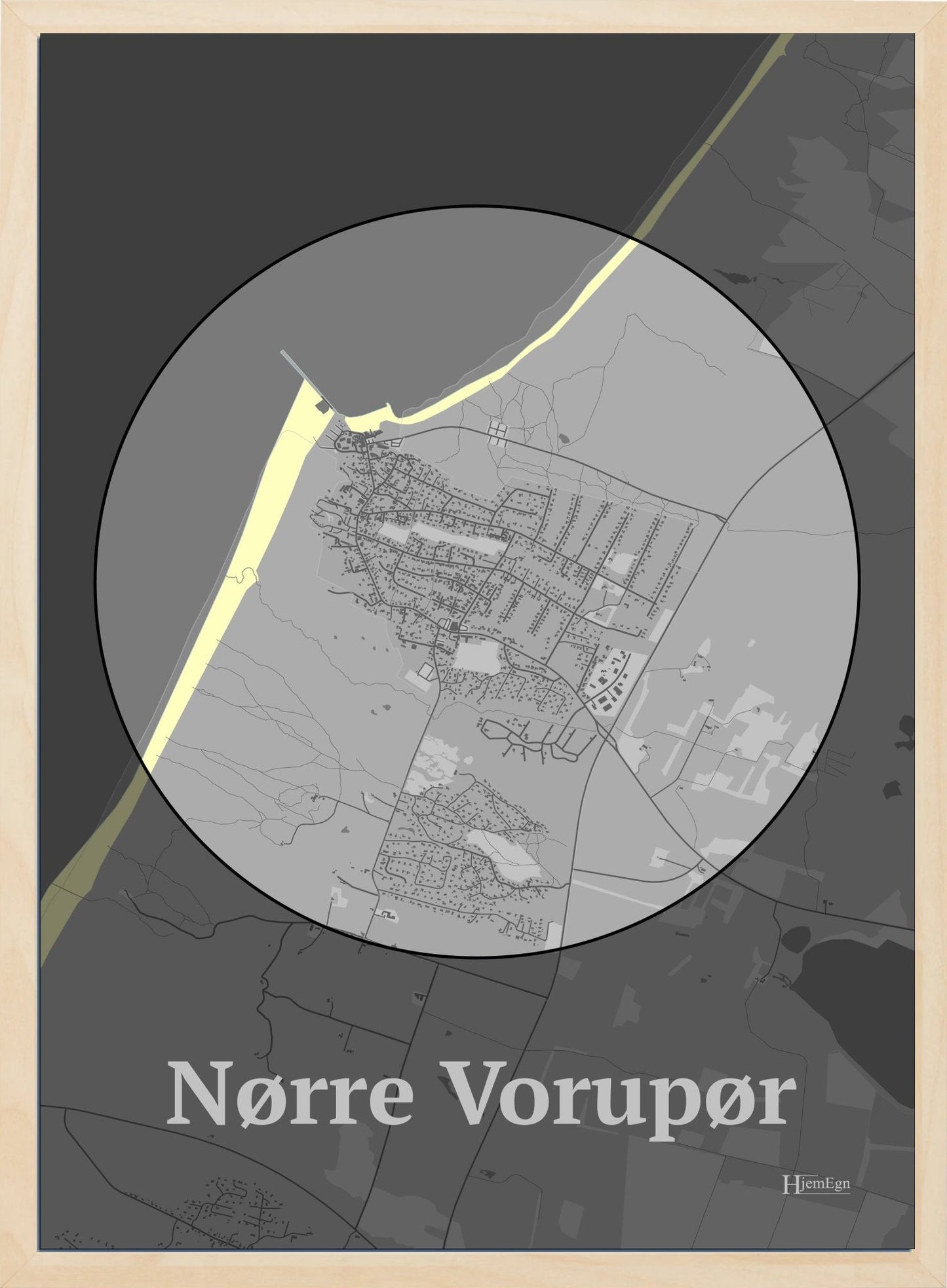 Nørre Vorupør plakat i farve pastel grå og HjemEgn.dk design centrum. Design bykort for Nørre Vorupør