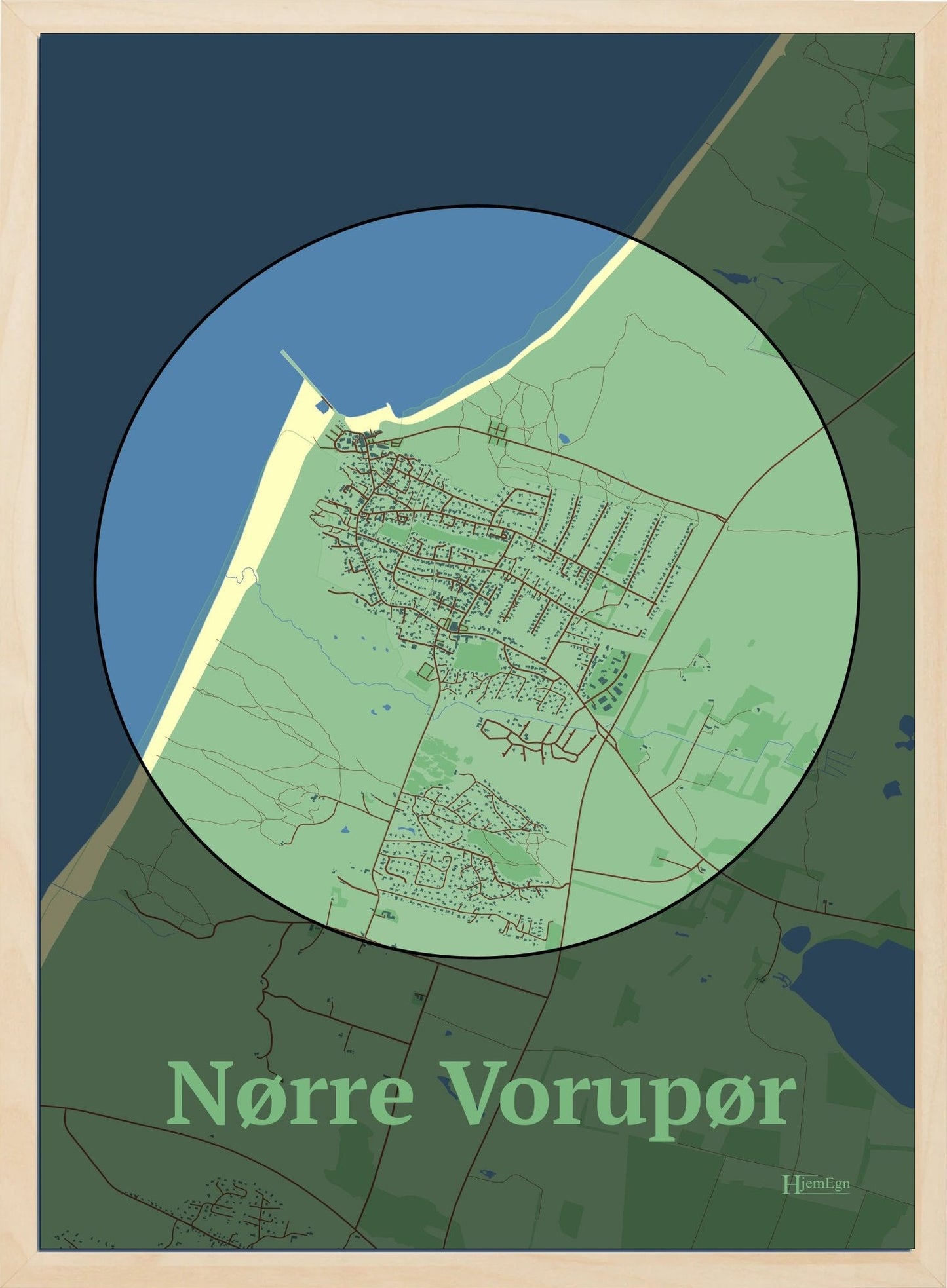 Nørre Vorupør plakat i farve pastel grøn og HjemEgn.dk design centrum. Design bykort for Nørre Vorupør
