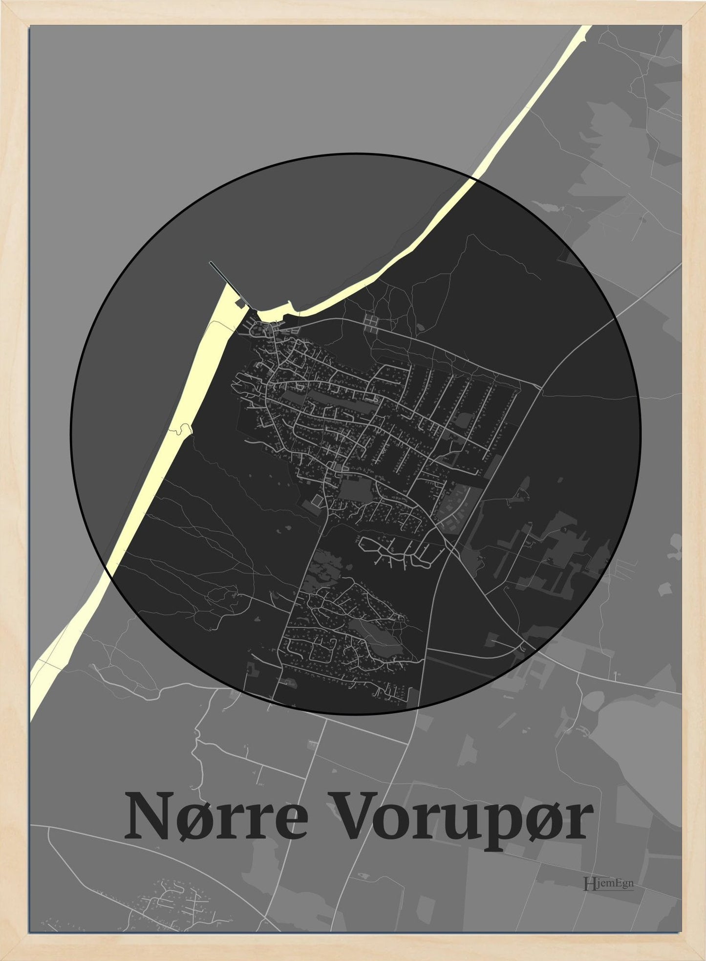 Nørre Vorupør plakat i farve mørk grå og HjemEgn.dk design centrum. Design bykort for Nørre Vorupør