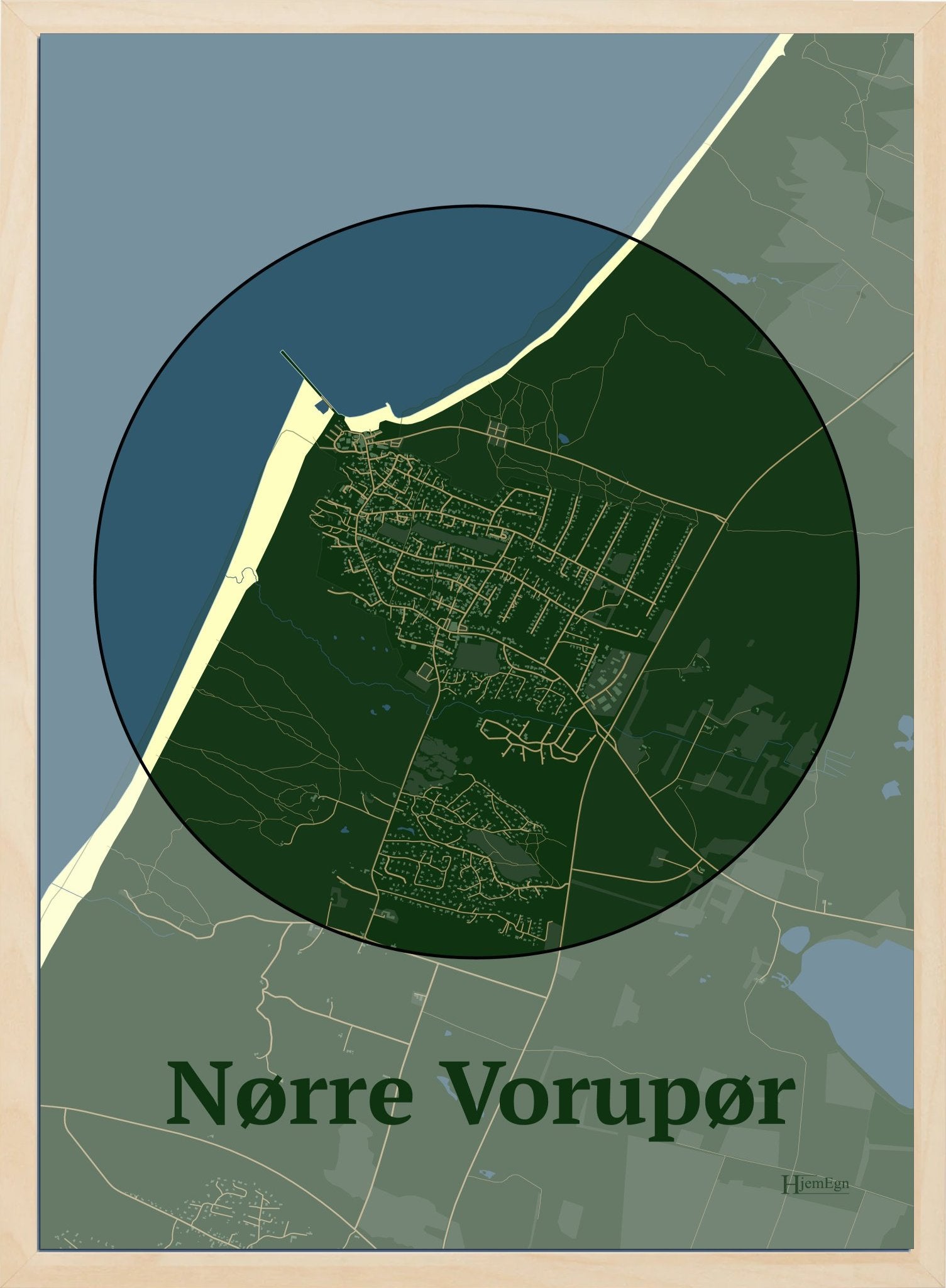 Nørre Vorupør plakat i farve mørk grøn og HjemEgn.dk design centrum. Design bykort for Nørre Vorupør
