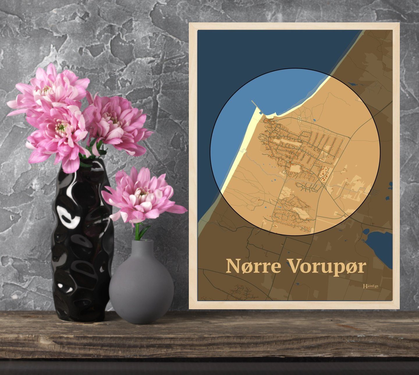 Nørre Vorupør plakat i farve  og HjemEgn.dk design centrum. Design bykort for Nørre Vorupør