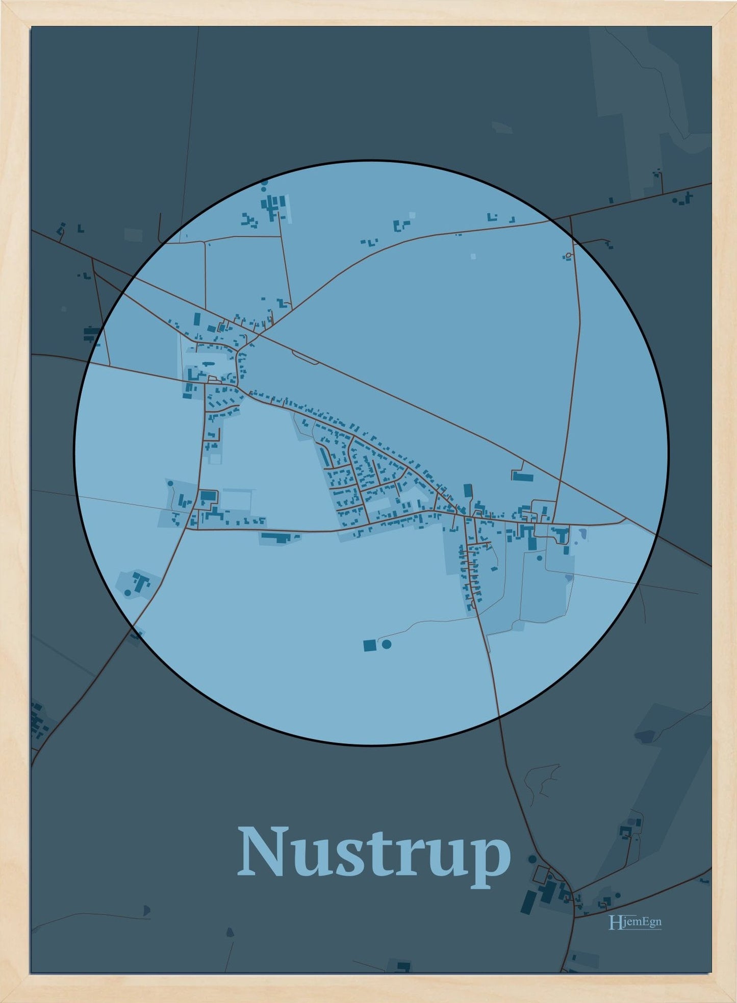 Nustrup plakat i farve pastel blå og HjemEgn.dk design centrum. Design bykort for Nustrup