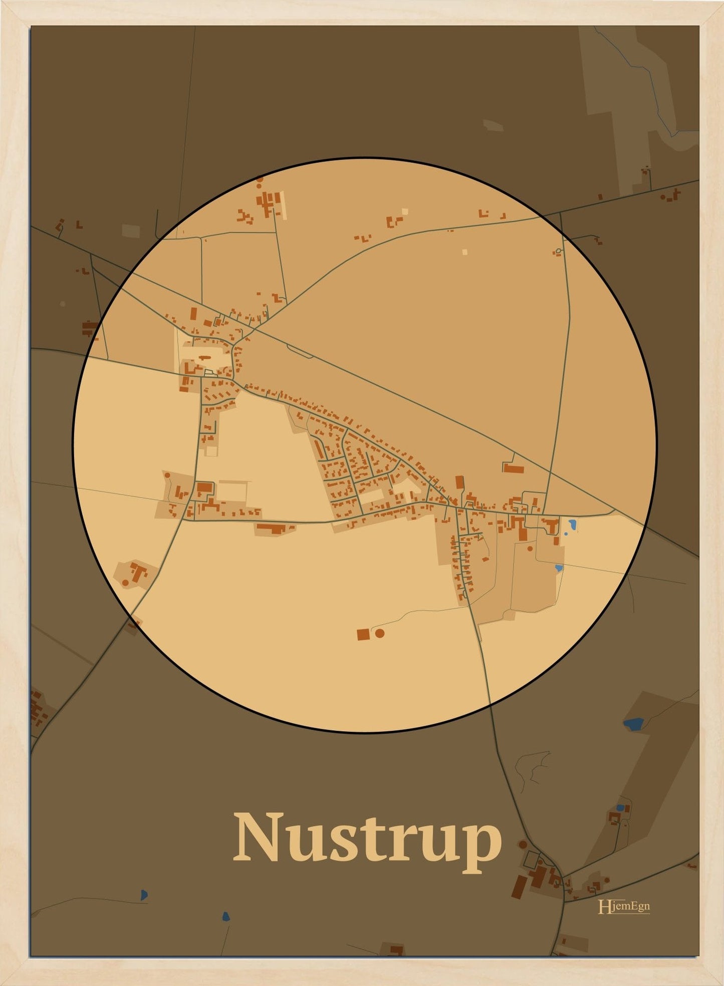 Nustrup plakat i farve pastel brun og HjemEgn.dk design centrum. Design bykort for Nustrup