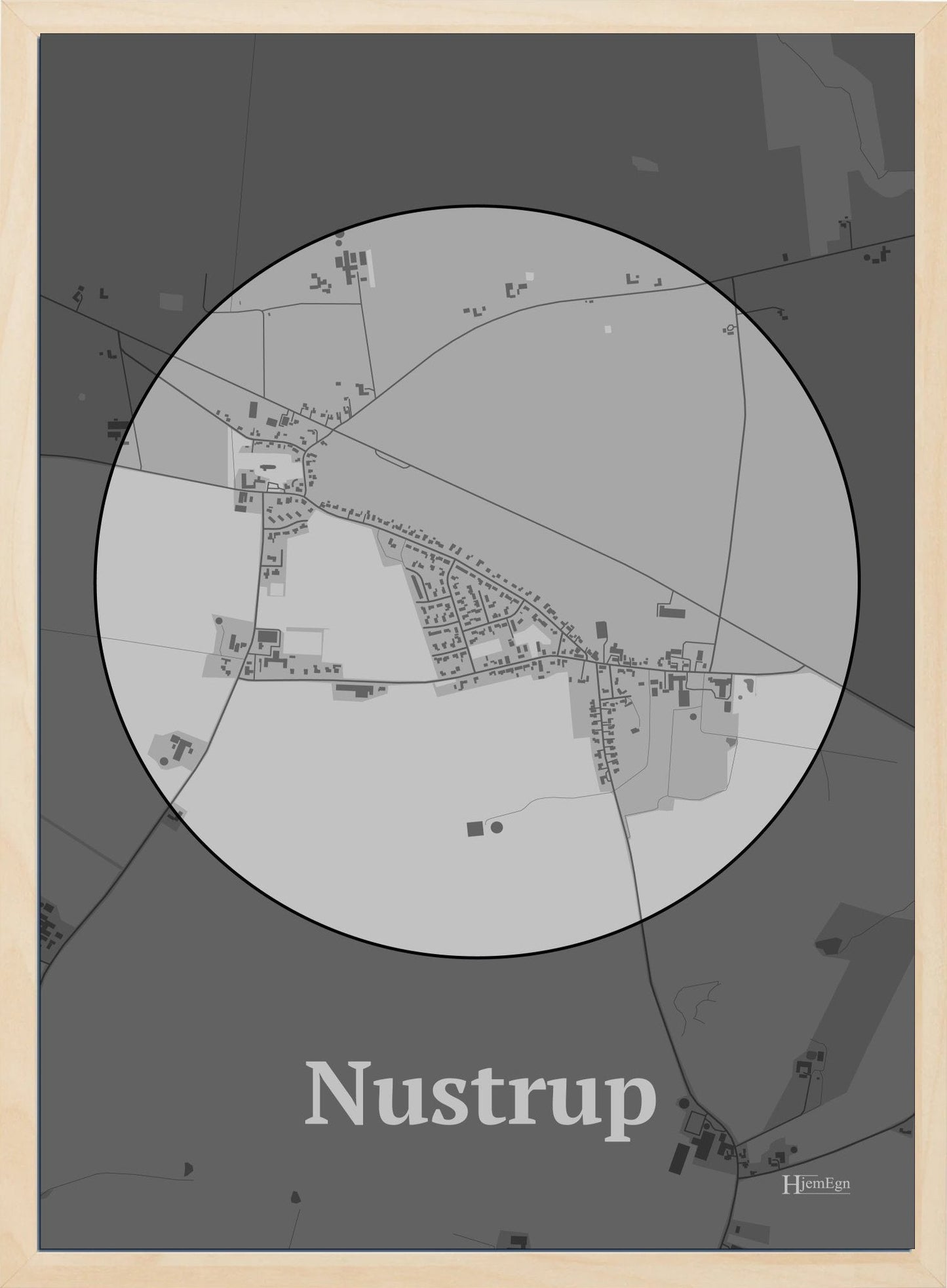 Nustrup plakat i farve pastel grå og HjemEgn.dk design centrum. Design bykort for Nustrup