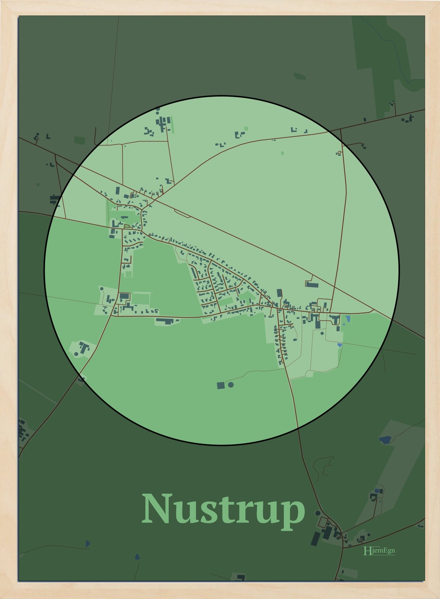 Nustrup plakat i farve pastel grøn og HjemEgn.dk design centrum. Design bykort for Nustrup