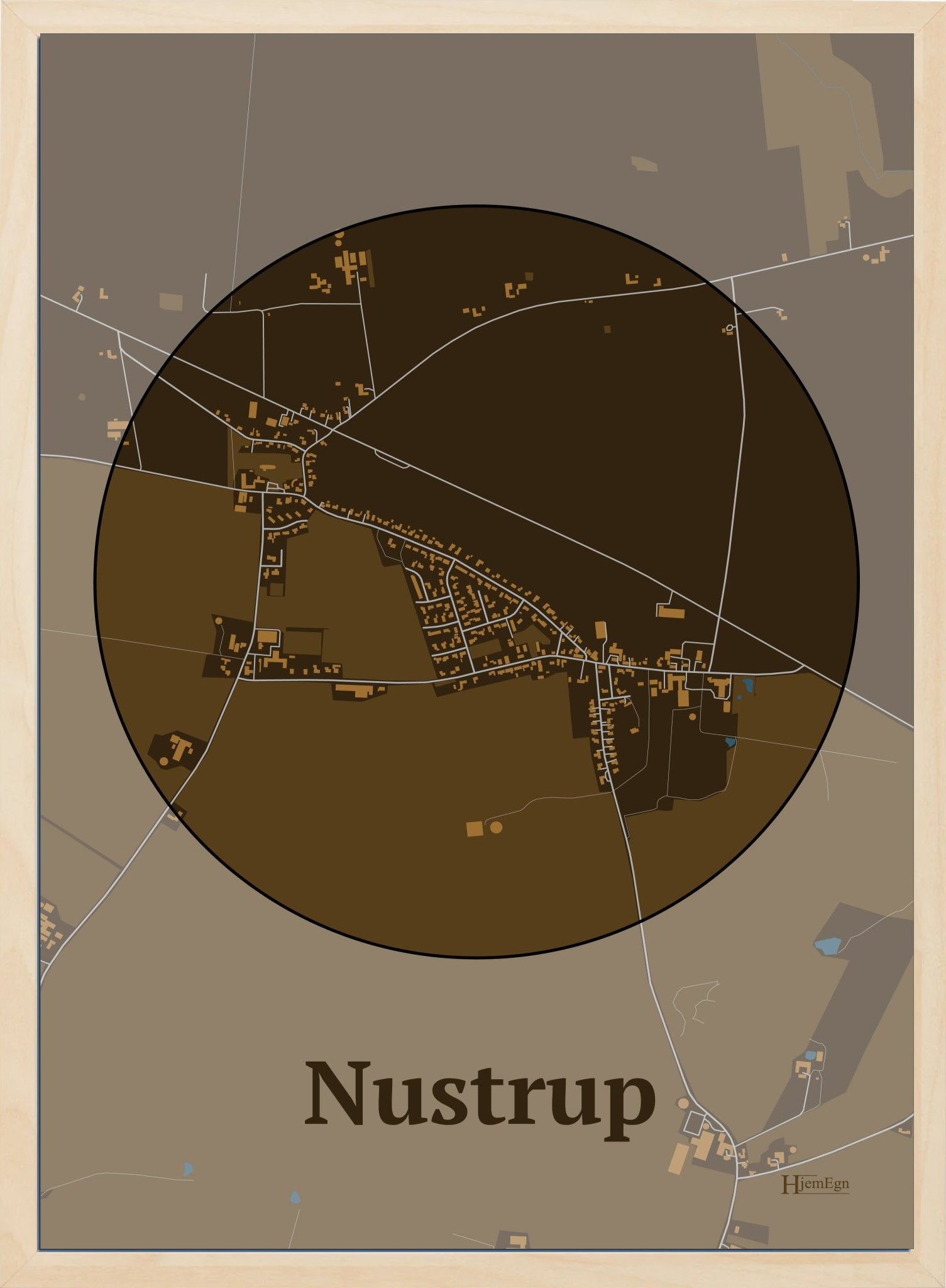 Nustrup plakat i farve mørk brun og HjemEgn.dk design centrum. Design bykort for Nustrup