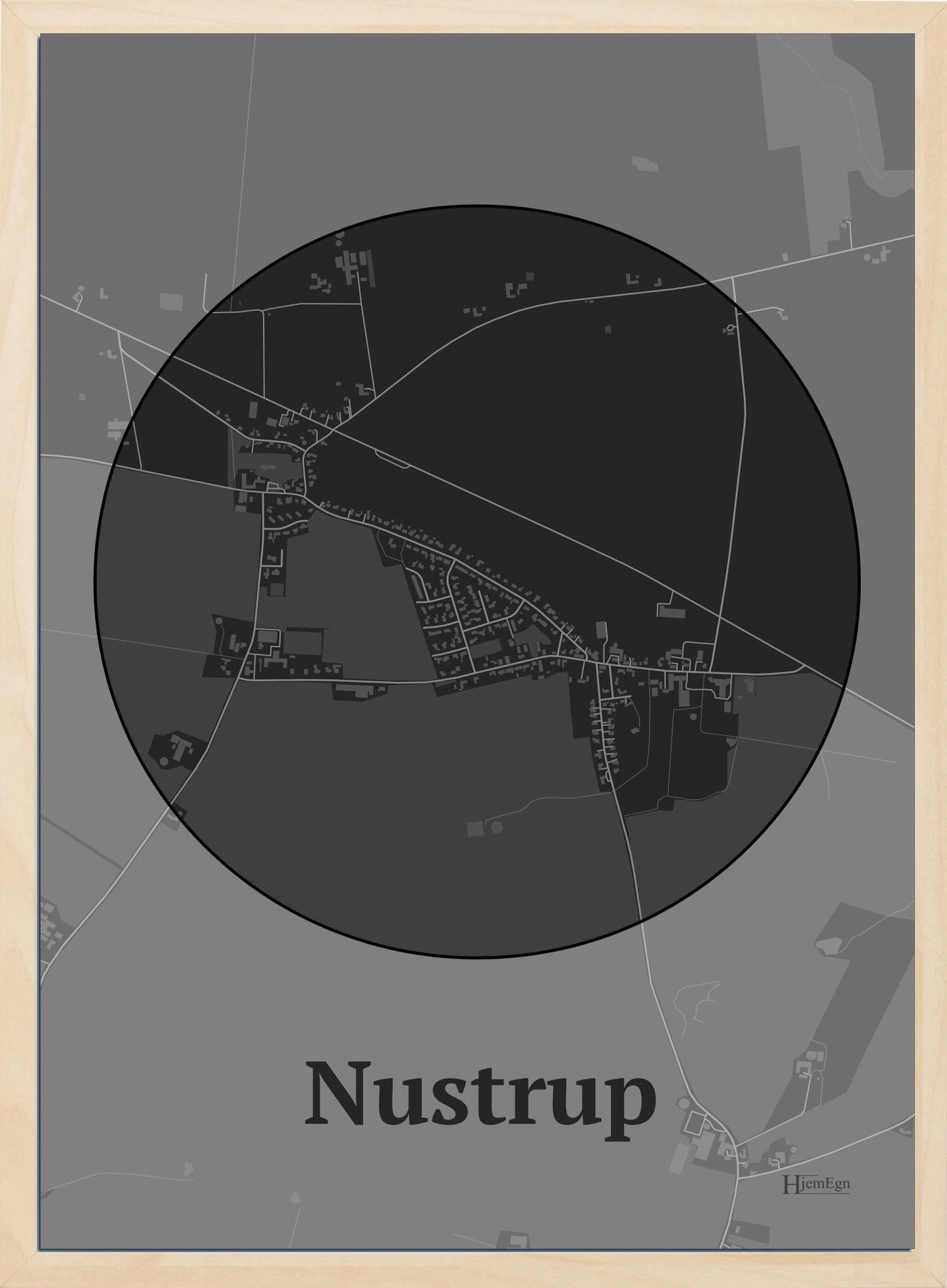 Nustrup plakat i farve mørk grå og HjemEgn.dk design centrum. Design bykort for Nustrup