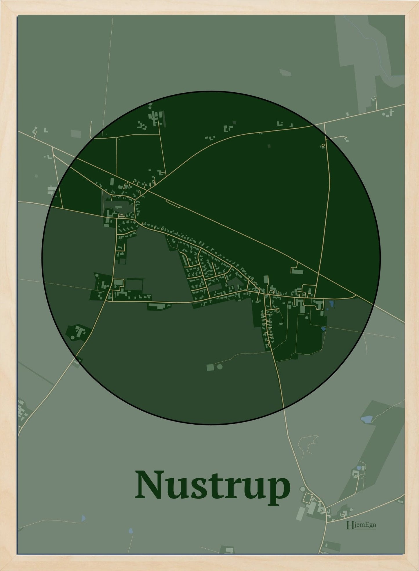 Nustrup plakat i farve mørk grøn og HjemEgn.dk design centrum. Design bykort for Nustrup