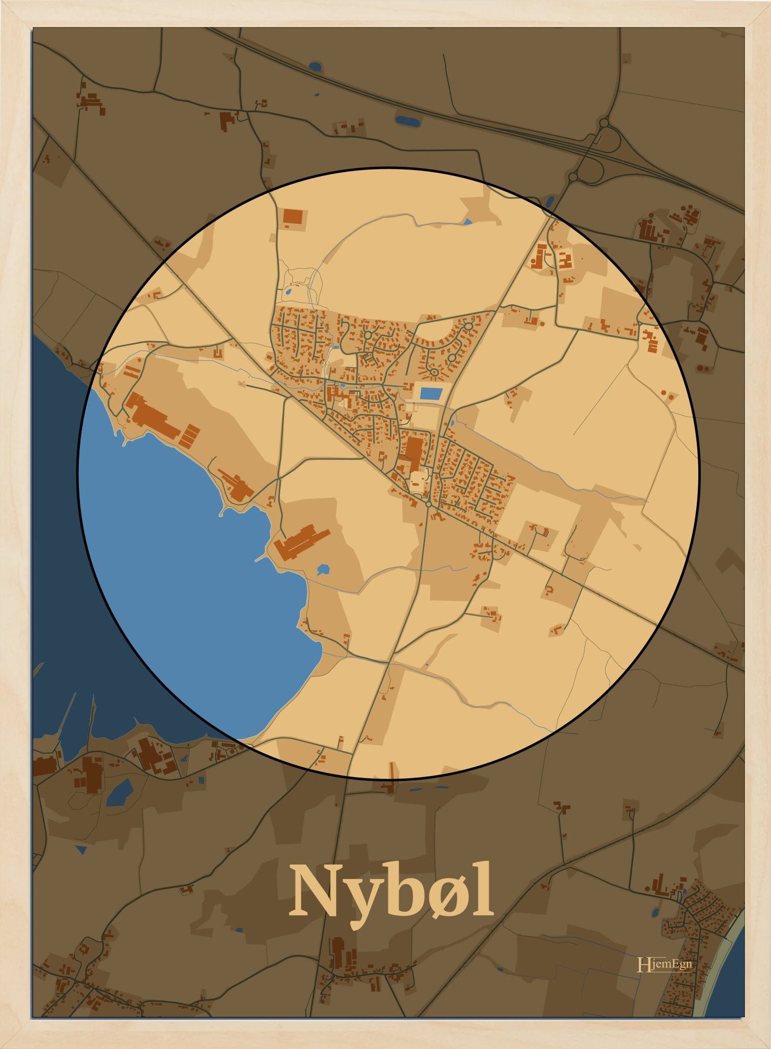 Nybøl plakat i farve pastel brun og HjemEgn.dk design centrum. Design bykort for Nybøl