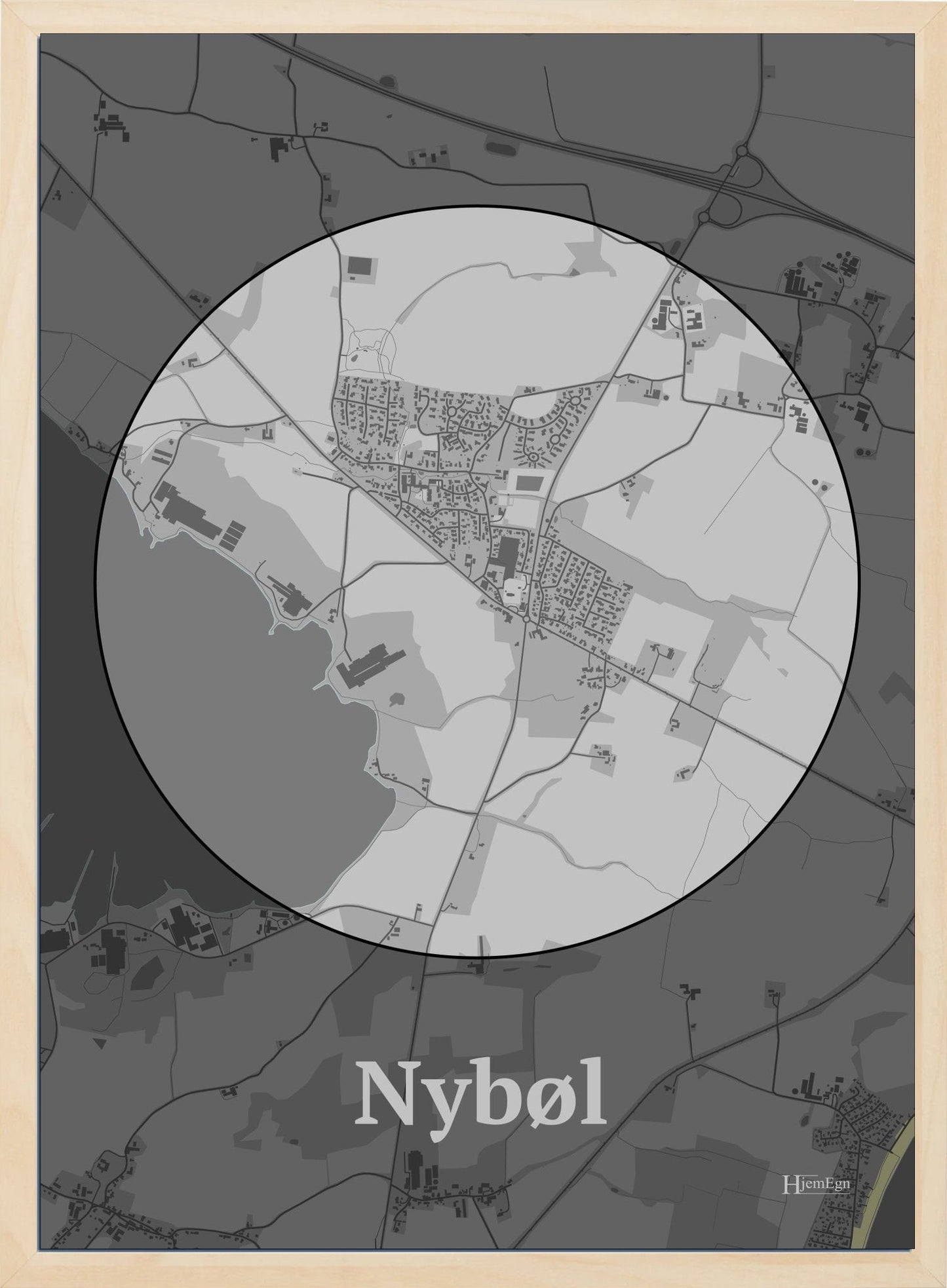 Nybøl plakat i farve pastel grå og HjemEgn.dk design centrum. Design bykort for Nybøl