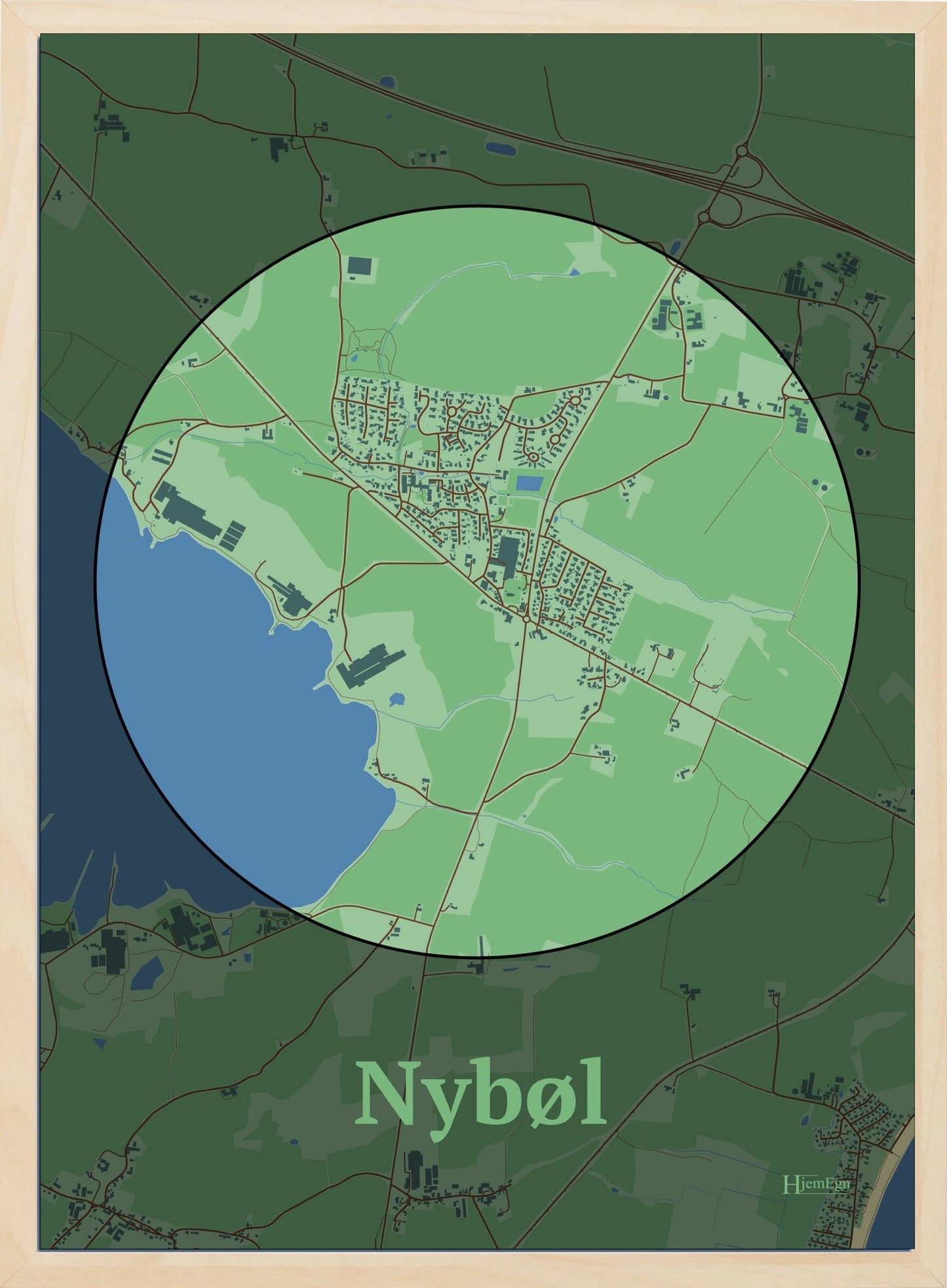 Nybøl plakat i farve pastel grøn og HjemEgn.dk design centrum. Design bykort for Nybøl