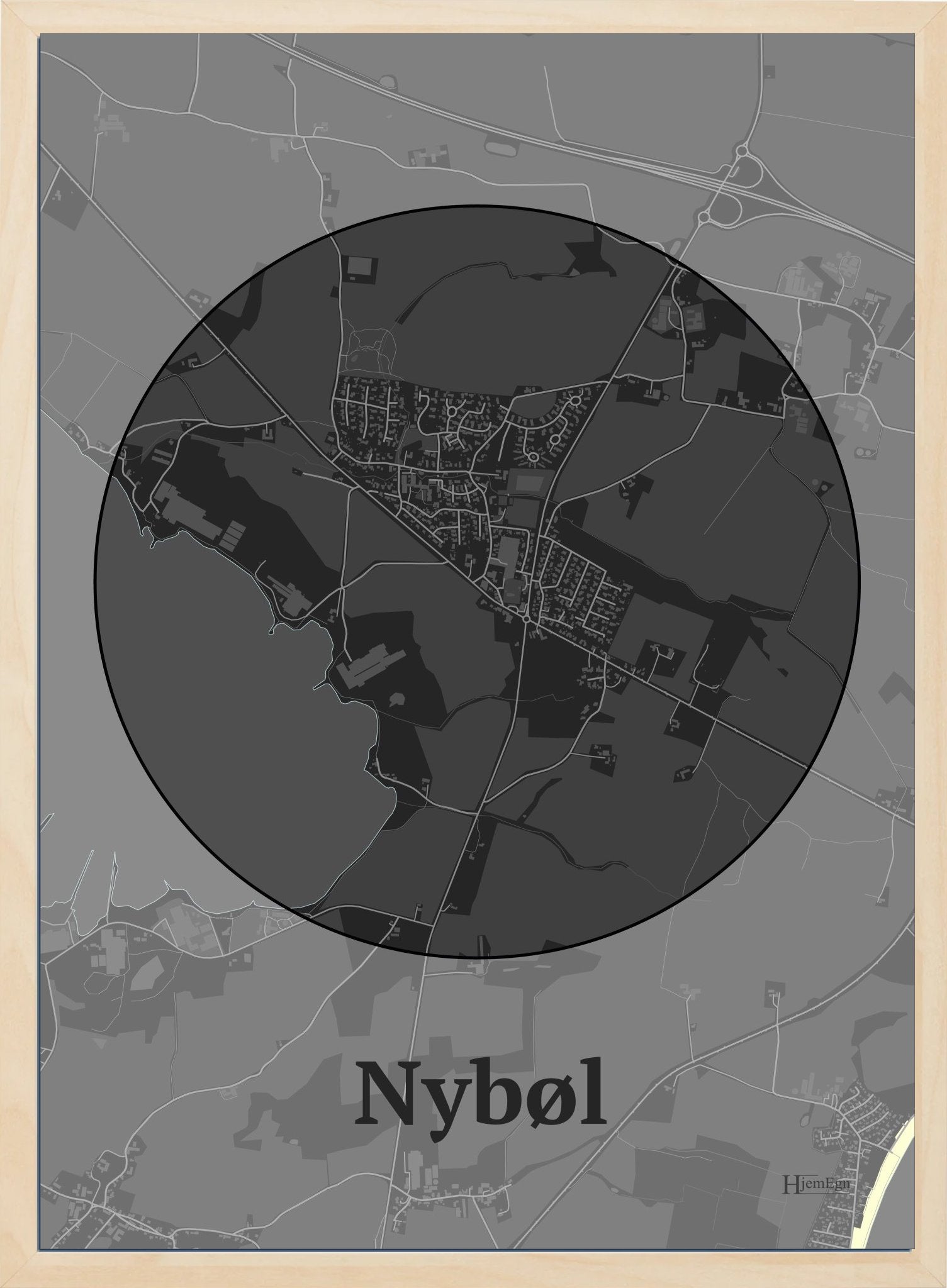 Nybøl plakat i farve mørk grå og HjemEgn.dk design centrum. Design bykort for Nybøl